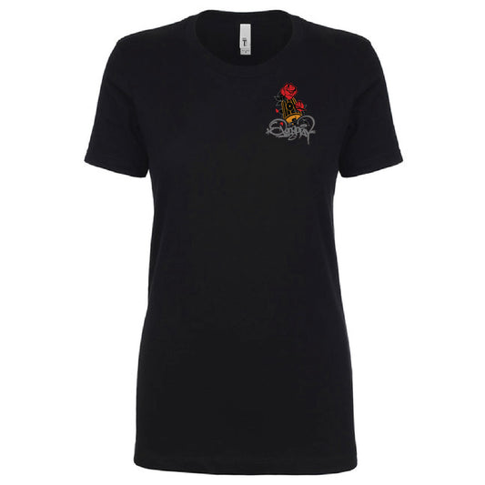Women's black tshirt with a grey overspray tag,yellow cap and red rose pocket print