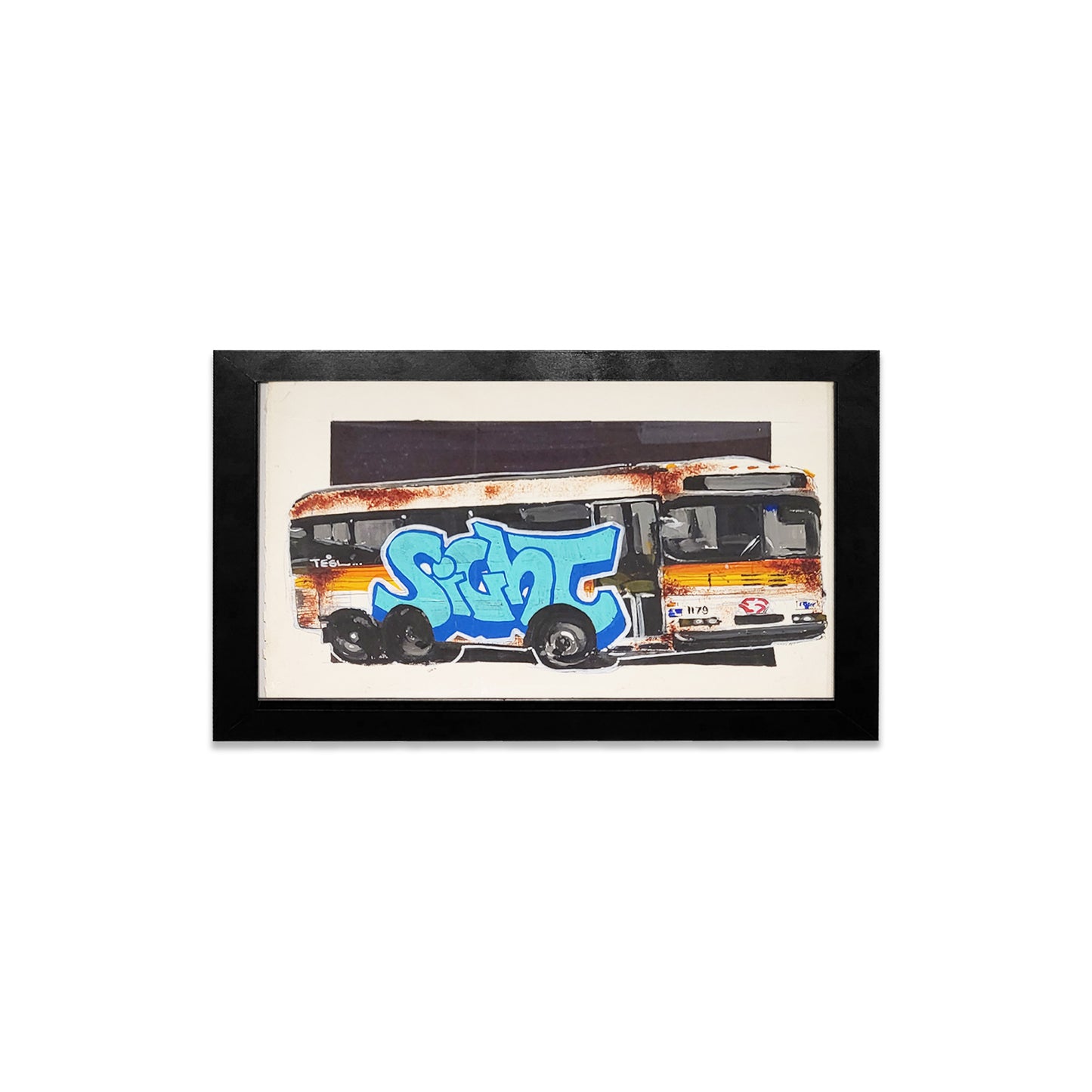 Framed artwork of a bus with graffiti-style text on a white background.