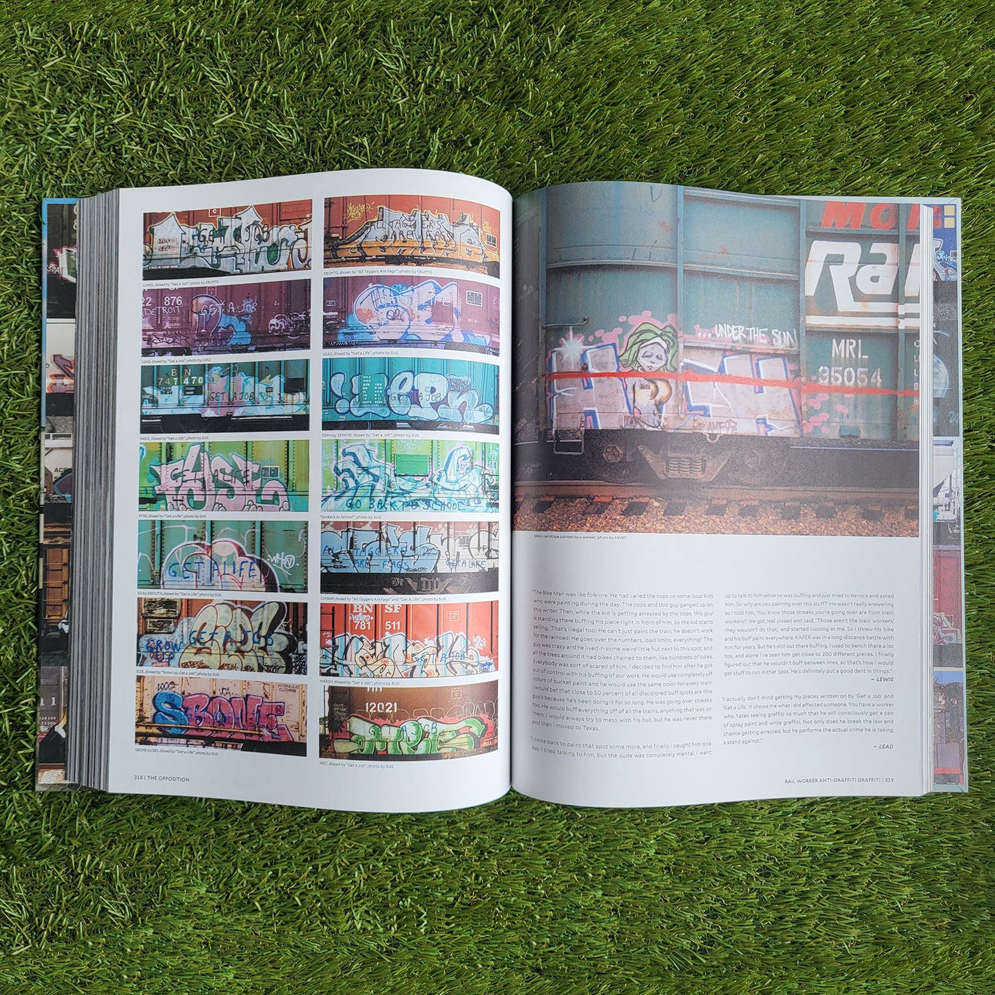 An open, hardcover book, the right page shows a photo of graffiti writing on a train at the top with unreadable writing at the bottom. The left page is a collage of different trains with graffiti on them. The book is laying on a grass background