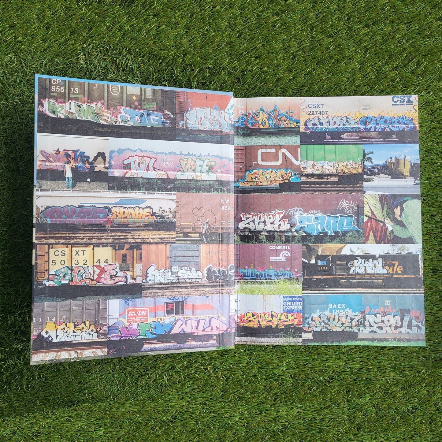 Open hardcover book, the inner cover shows a collage of photos of trains with graffiti writing covering both sides of the pages. Background is a green grass