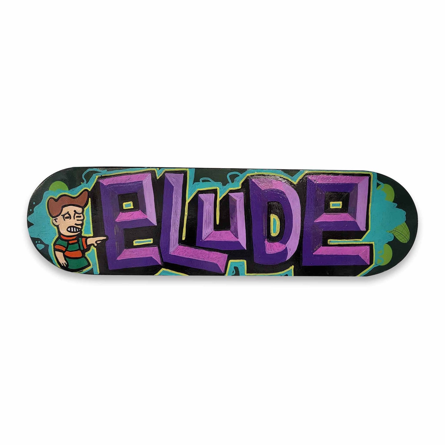 Small snowboard deck with 'ELUDE' painted on a white background.