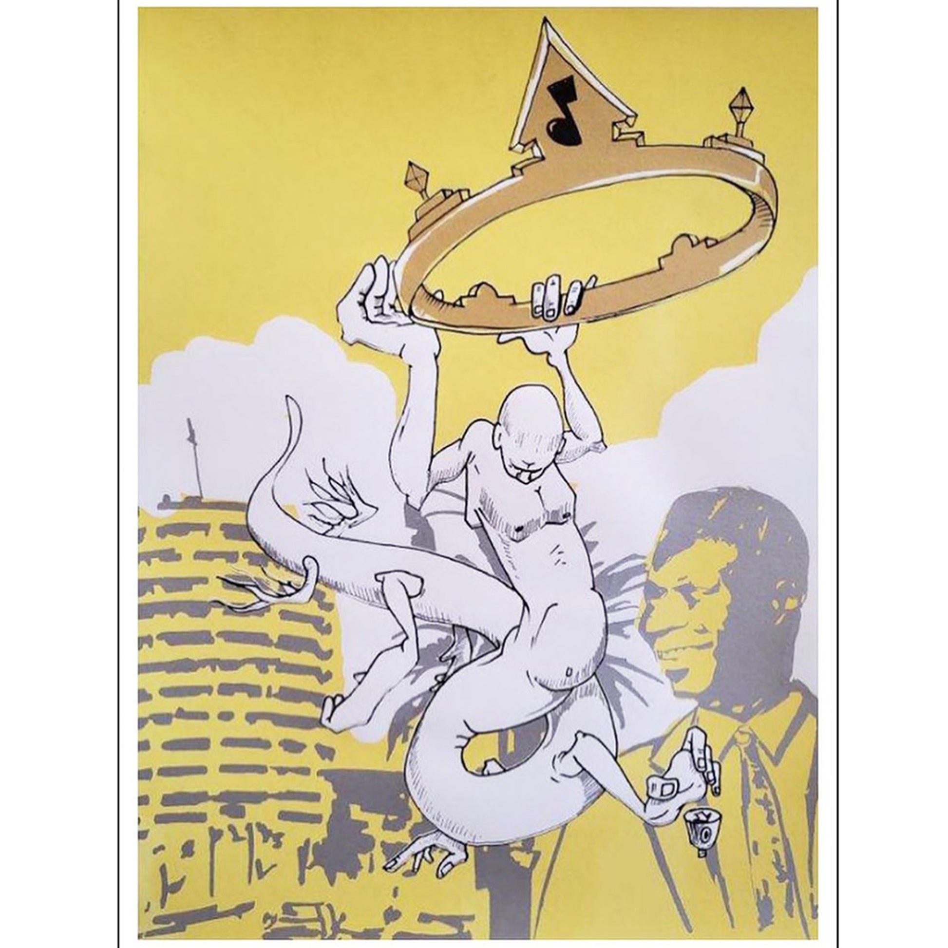 "king one" print by Man One, a print with tones of yellows,grey and black on white paper.