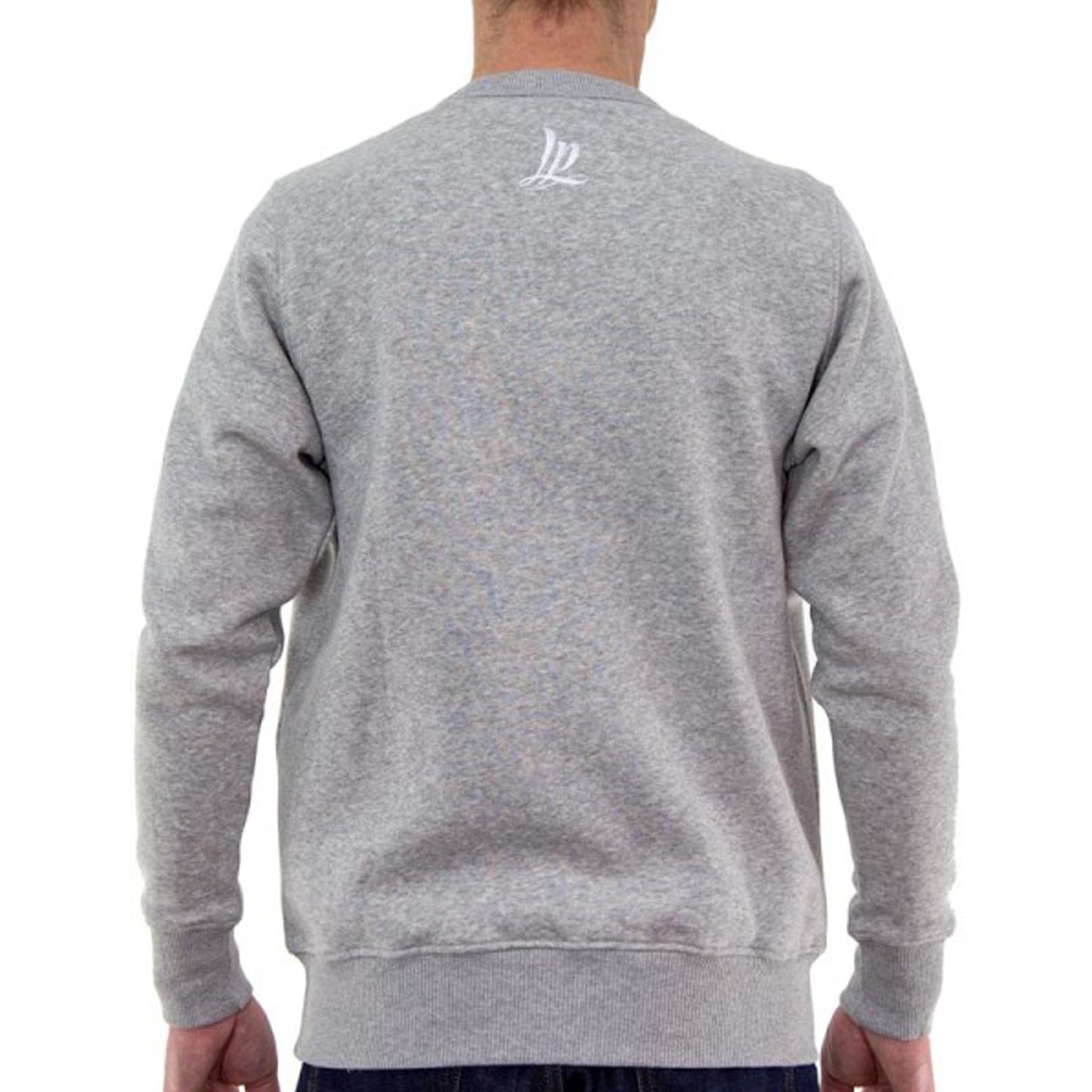 Light grey crew neck sweater with "LP" embroidered on the back in white