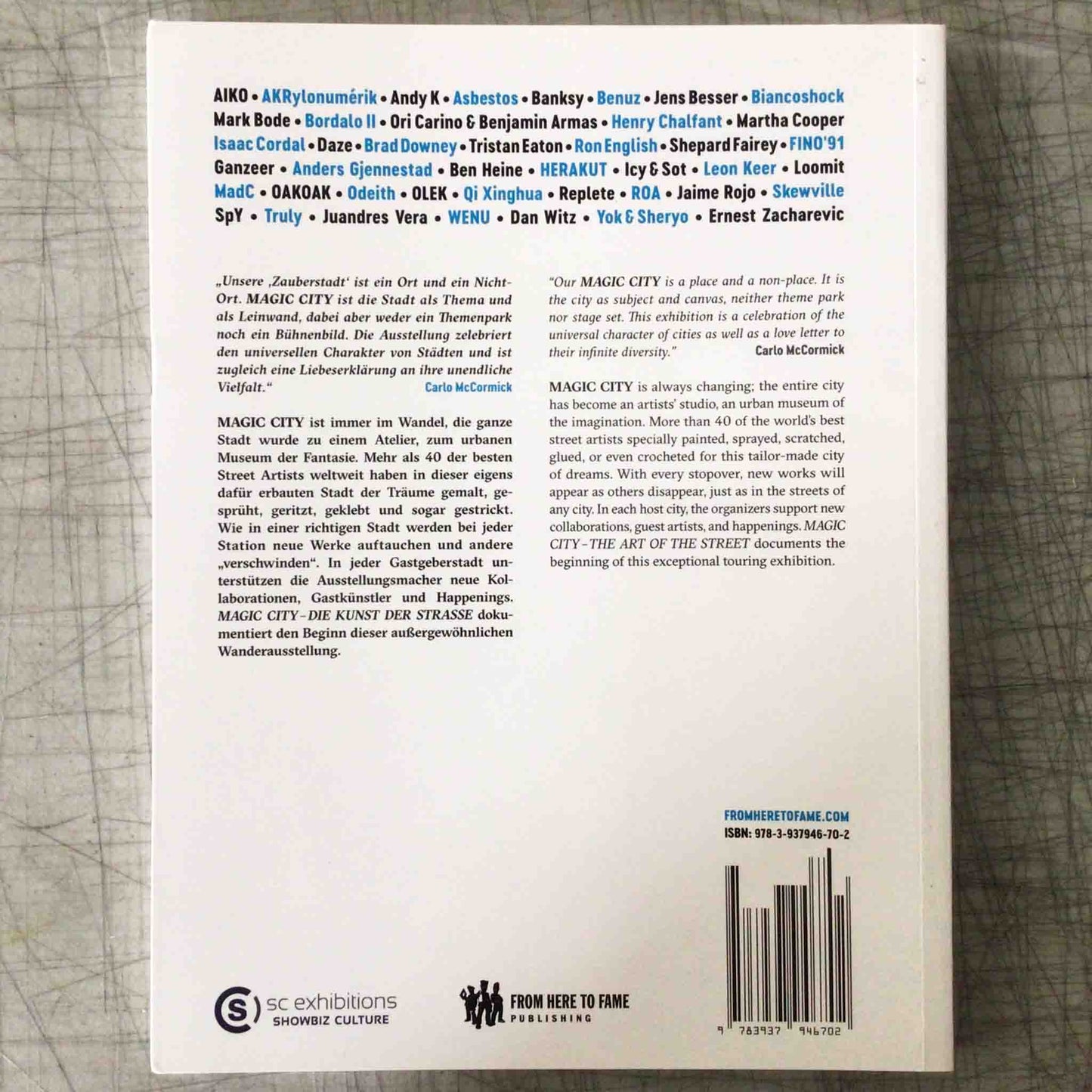 back cover of "Magic City" street art book. a list of street artist and brief description of the book.