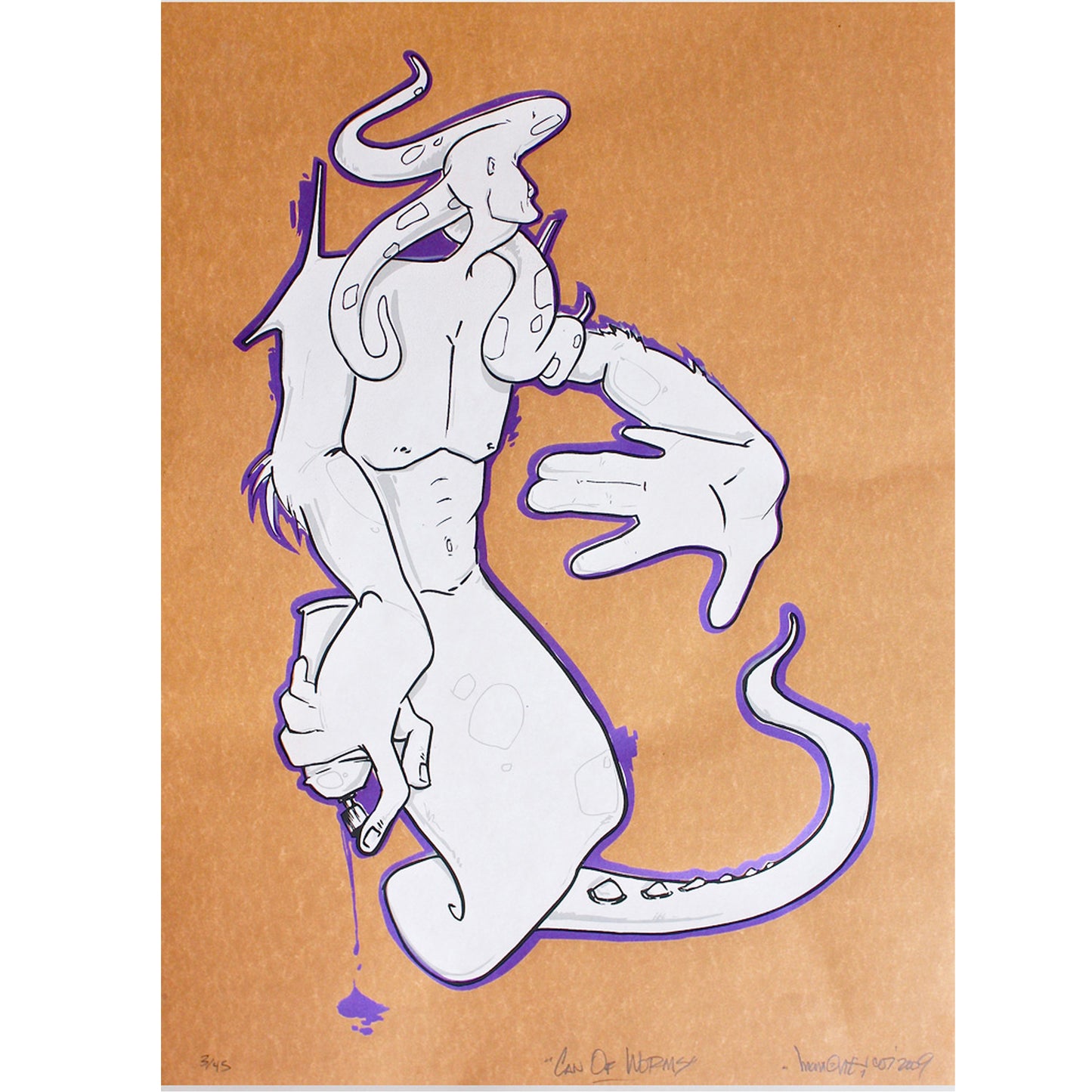 Man One "Can Of Worms"print.white character outlined in purple  on brown paper