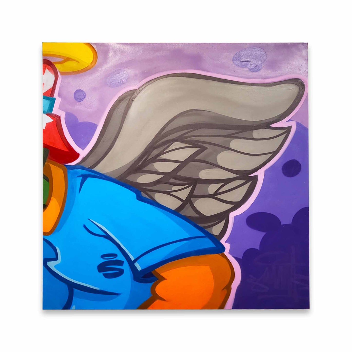 Cartoon character with a large wing on a colorful background.