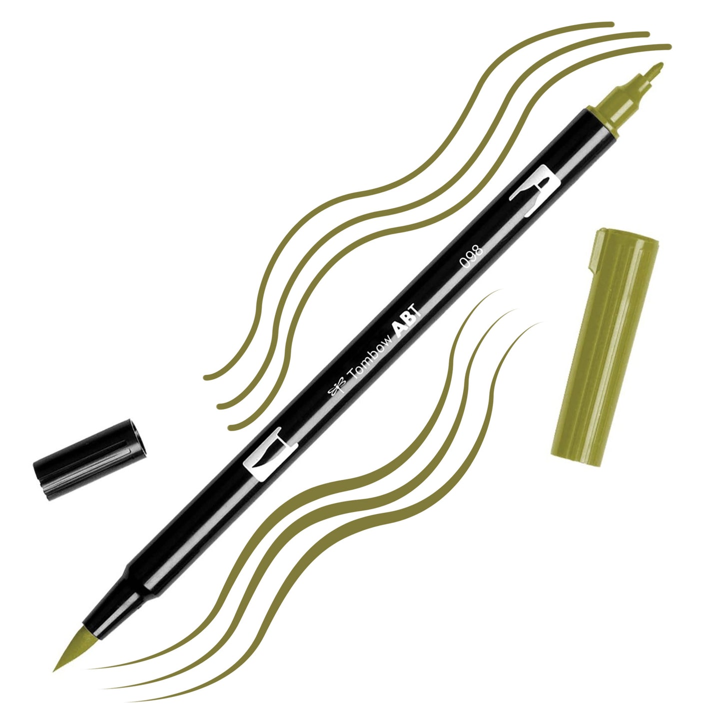 Avocado Tombow double-headed brush-pen with a flexible nylon fiber brush tip and a fine tip against a white background with Avocado strokes