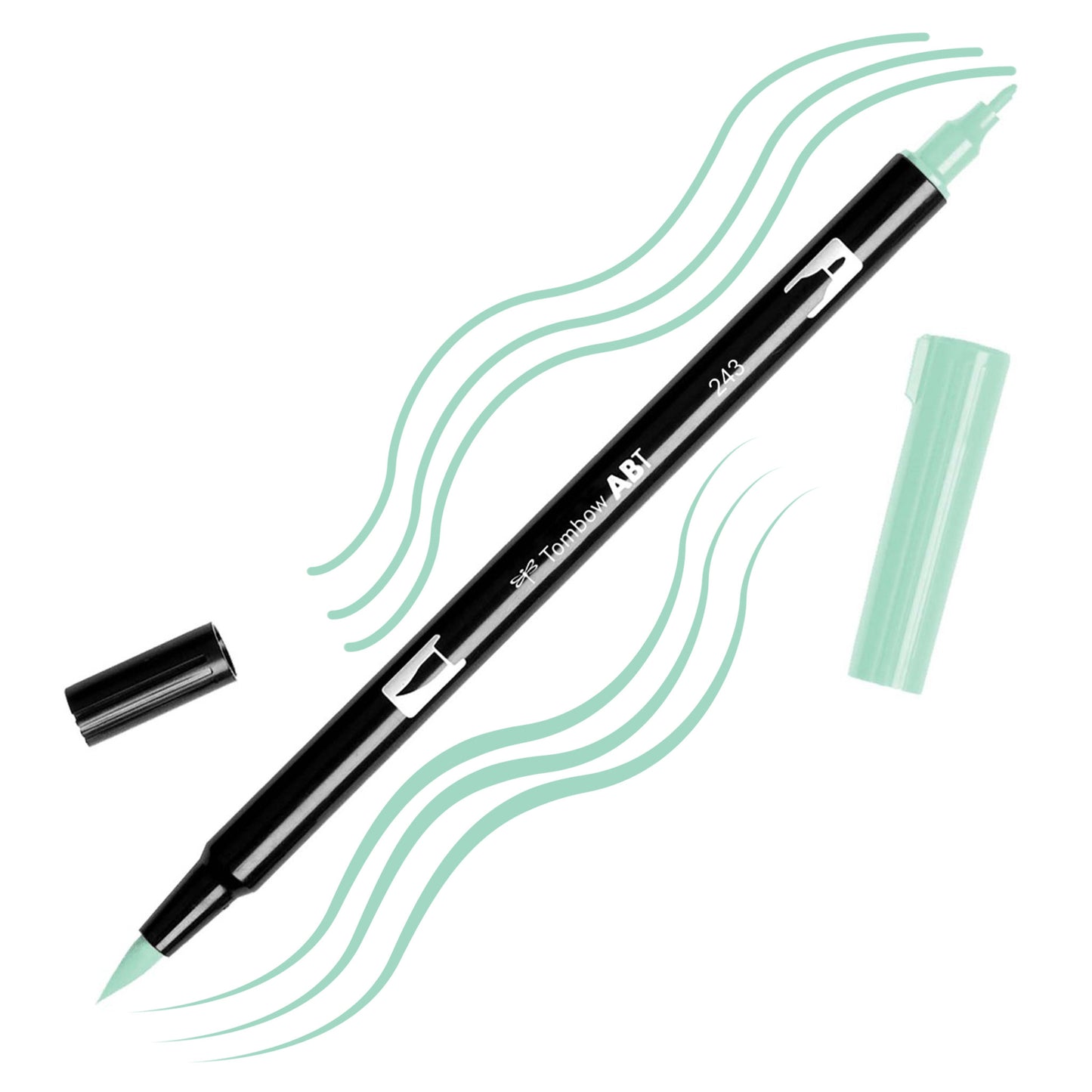 Mint Tombow double-headed brush-pen with a flexible nylon fiber brush tip and a fine tip against a white background with Mint strokes