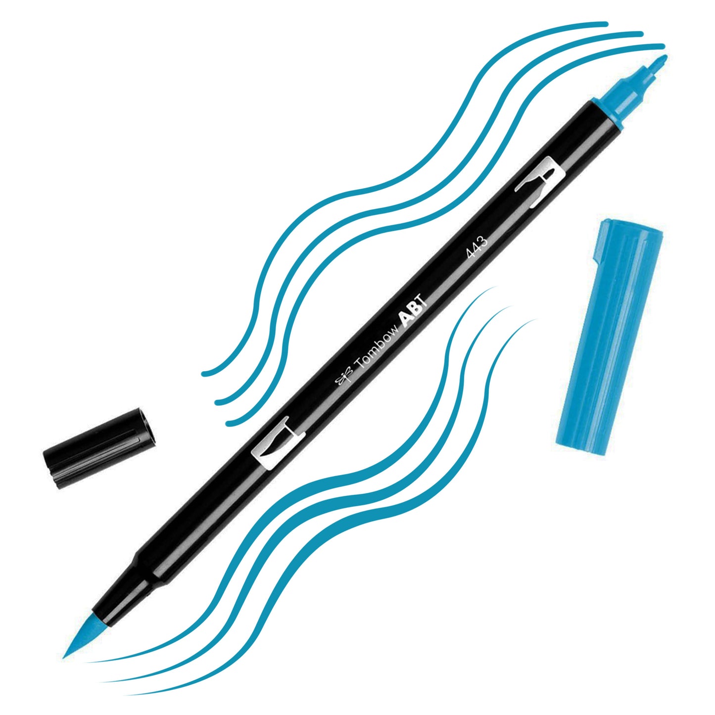 Turquoise Tombow double-headed brush-pen with a flexible nylon fiber brush tip and a fine tip against a white background with Turquoise strokes