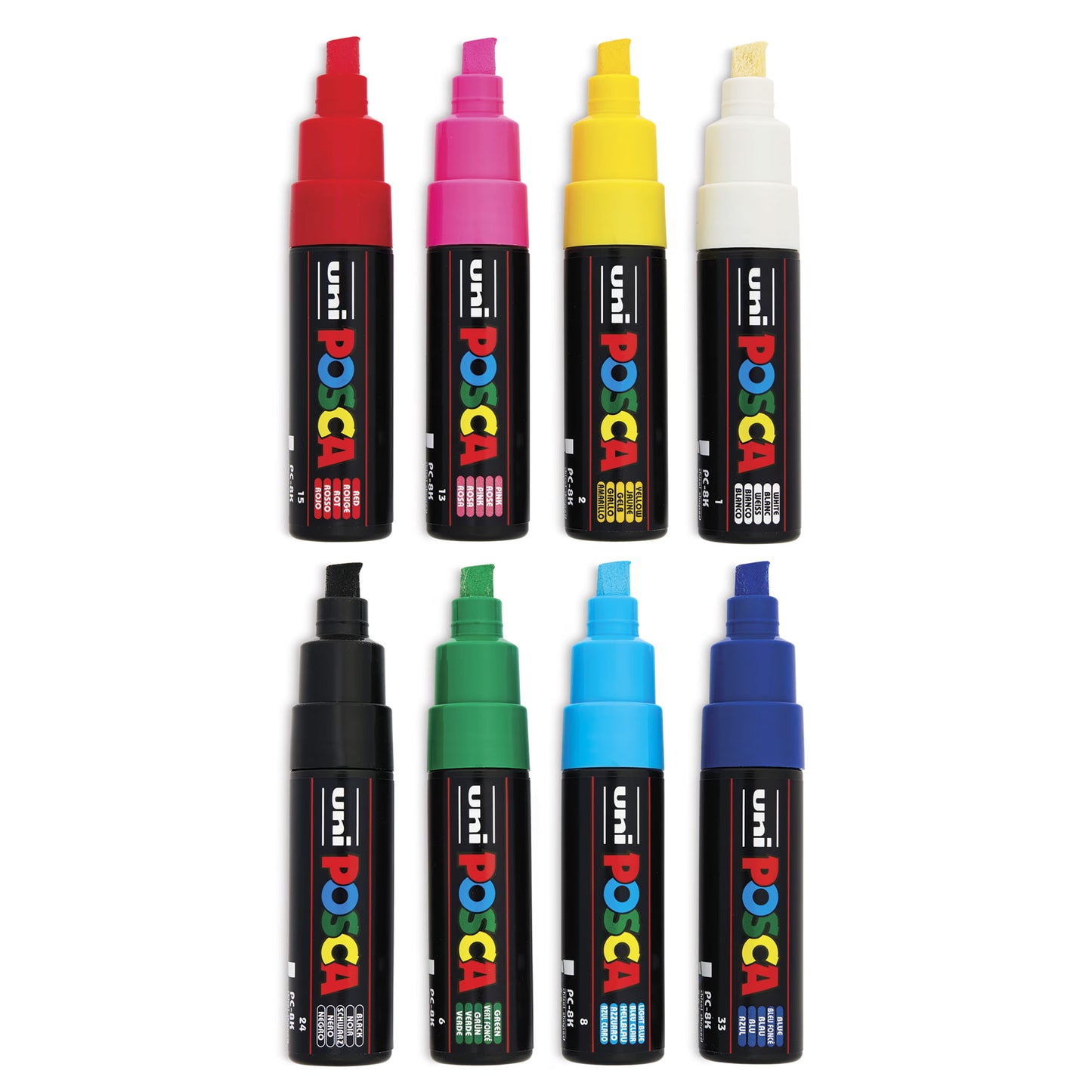 posca 8k pack.Includes one each of Pink, Red, Green, Yellow, Blue, White, Black, and Light Blue.