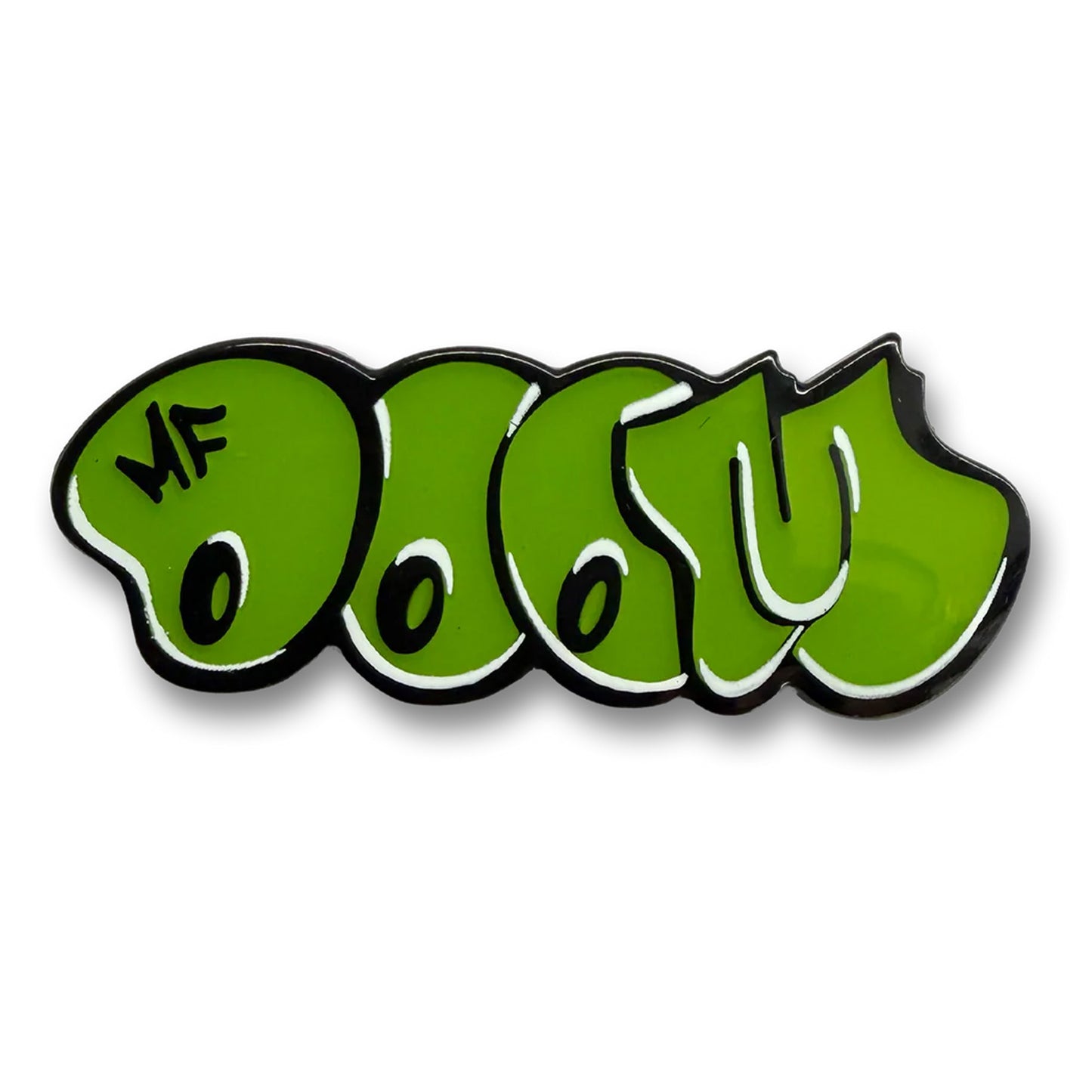 Green mf doom graffiti bubble letter throwy pin outline in black with white highlights.