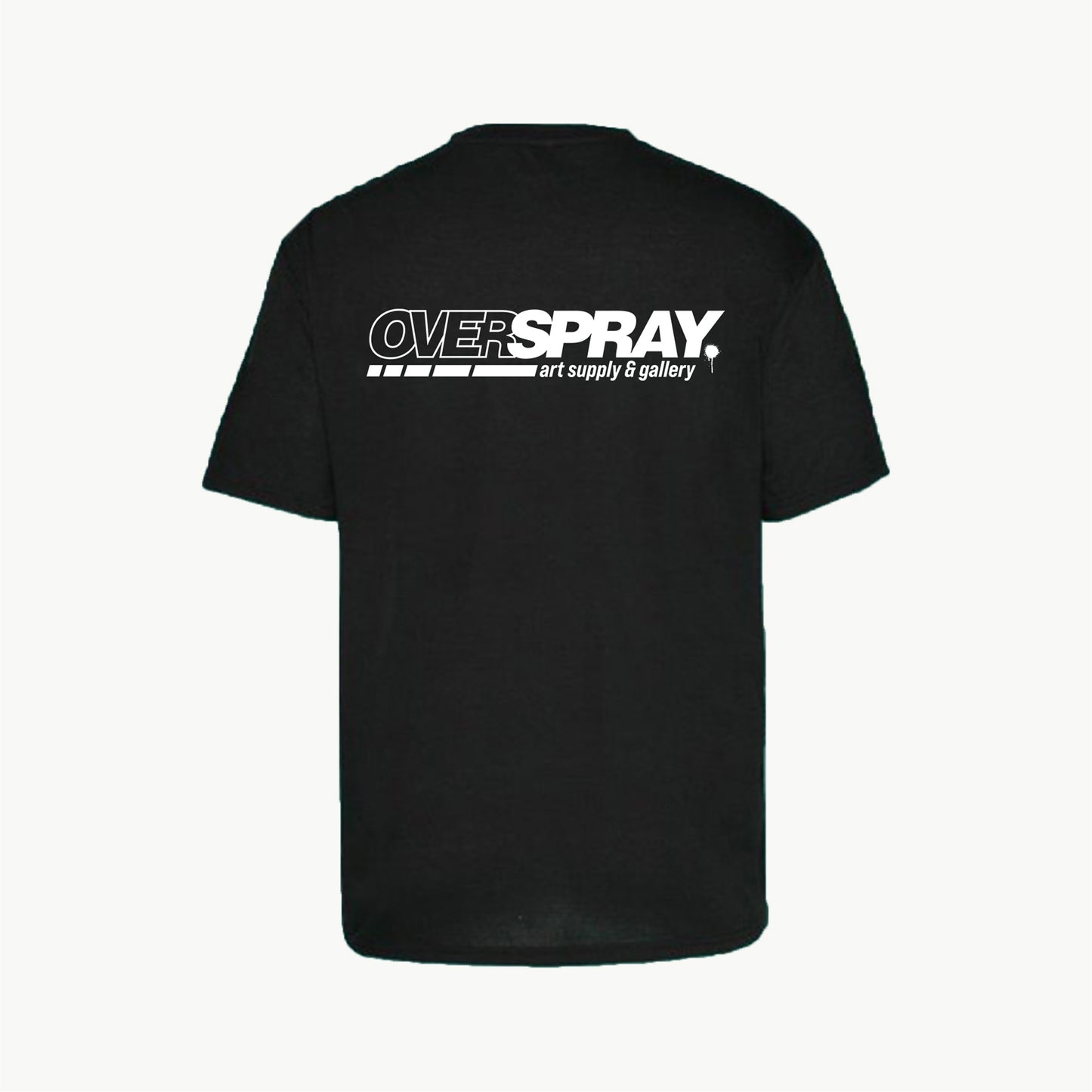 back of mens black shirt with white overspray logo print