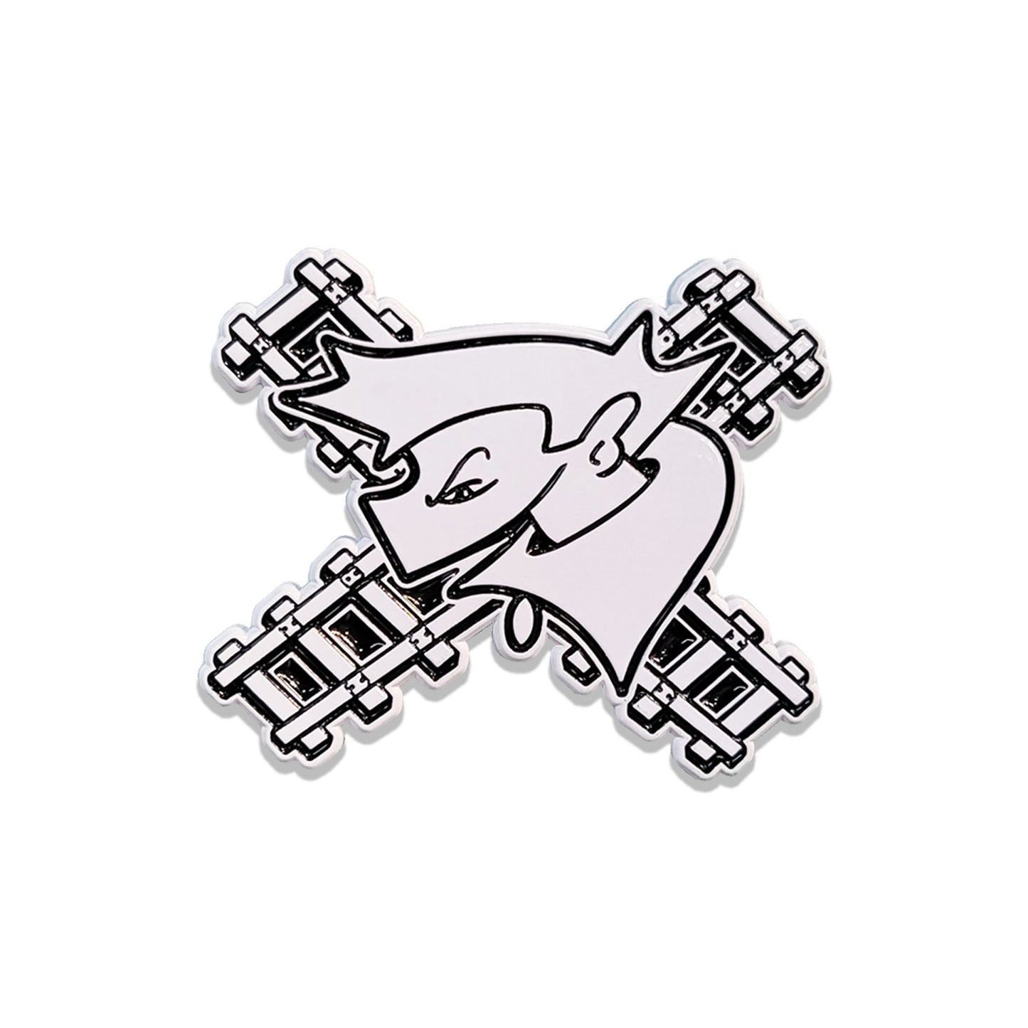 A stylized graffiti character with railroad tracks on an enamel pin.