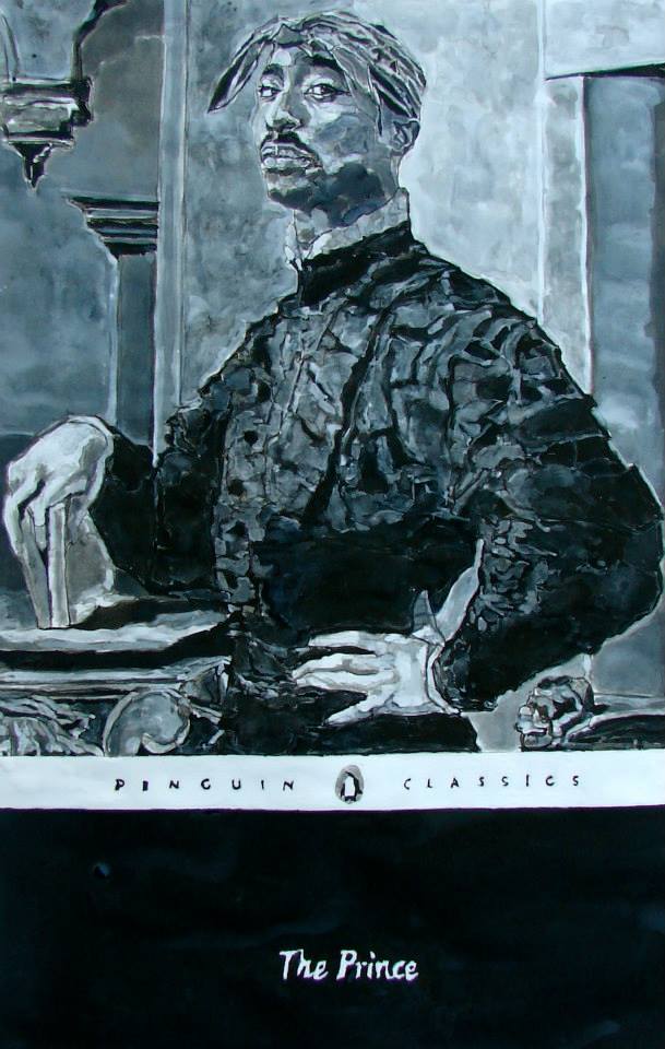 Loose, grey-scale painting of Tupac Shakur posing as the book cover of Shakespeare's "The Prince"