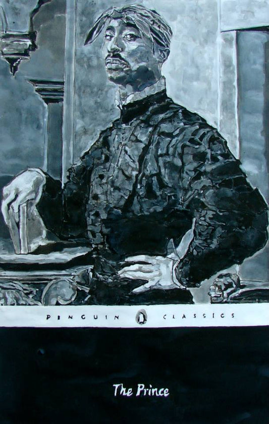 Loose, grey-scale painting of Tupac Shakur posing as the book cover of Shakespeare's "The Prince"