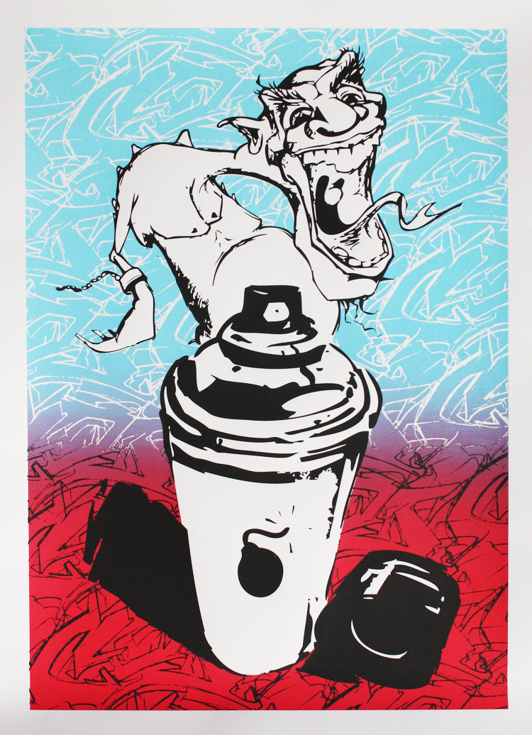 A limited edition silkscreen print featuring a stylized cartoon character with a spray paint can, predominantly in blue and black colors with red highlights.