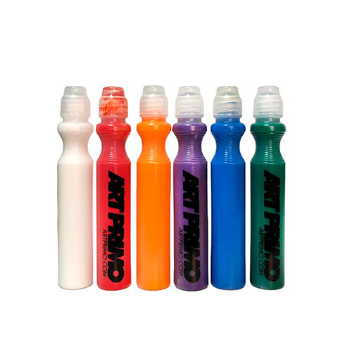 A line up of colored markers, from left to right: white, red, orange, purple, blue, and dark green. No background