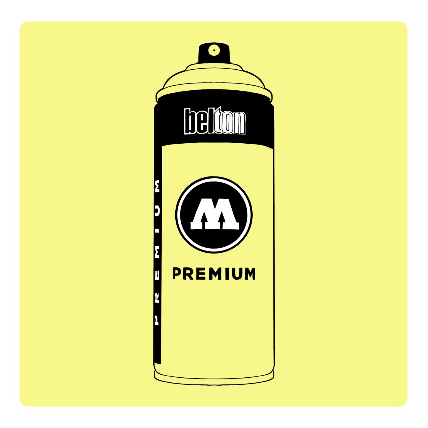 A black outline drawing of a highlighter yellow spray paint can with the words "belton","premium" and the letter"M" written on the face in black and white font. The background is a color swatch of the same highlighter yellow with a white border.