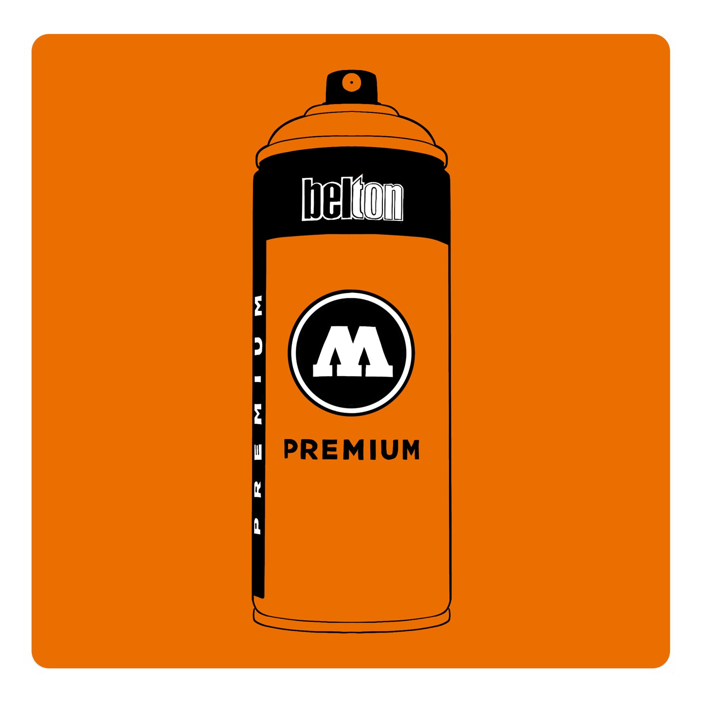 A black outline drawing of a tangerine orange spray paint can with the words "belton","premium" and the letter"M" written on the face in black and white font. The background is a color swatch of the same tangerine orange with a white border.