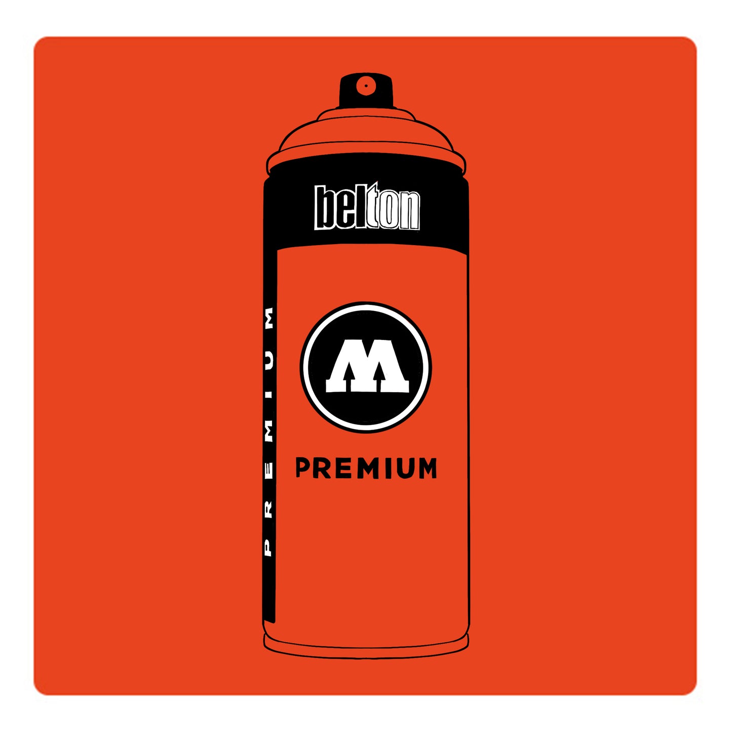 A black outline drawing of a red orange spray paint can with the words "belton","premium" and the letter"M" written on the face in black and white font. The background is a color swatch of the same red orange with a white border.