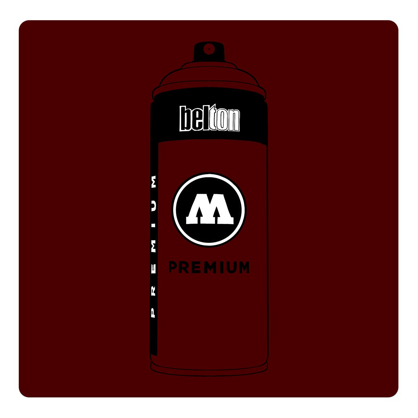 A black outline drawing of a garnet red spray paint can with the words "belton","premium" and the letter"M" written on the face in black and white font. The background is a color swatch of the same garnet red with a white border.