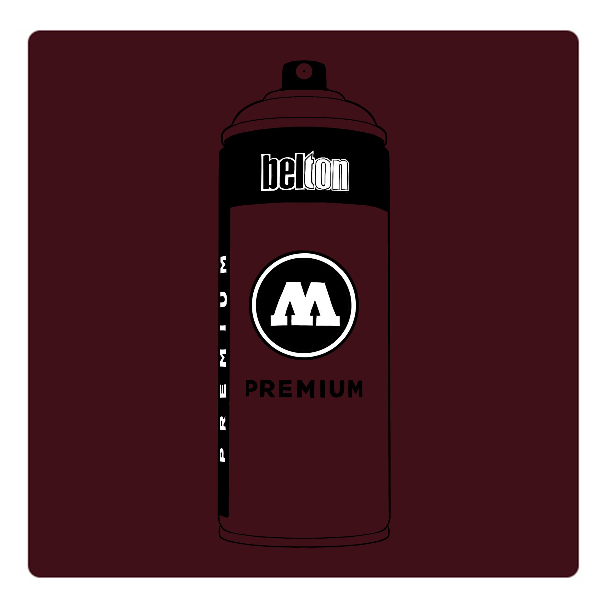 A black outline drawing of a wine red spray paint can with the words "belton","premium" and the letter"M" written on the face in black and white font. The background is a color swatch of the same wine red with a white border.