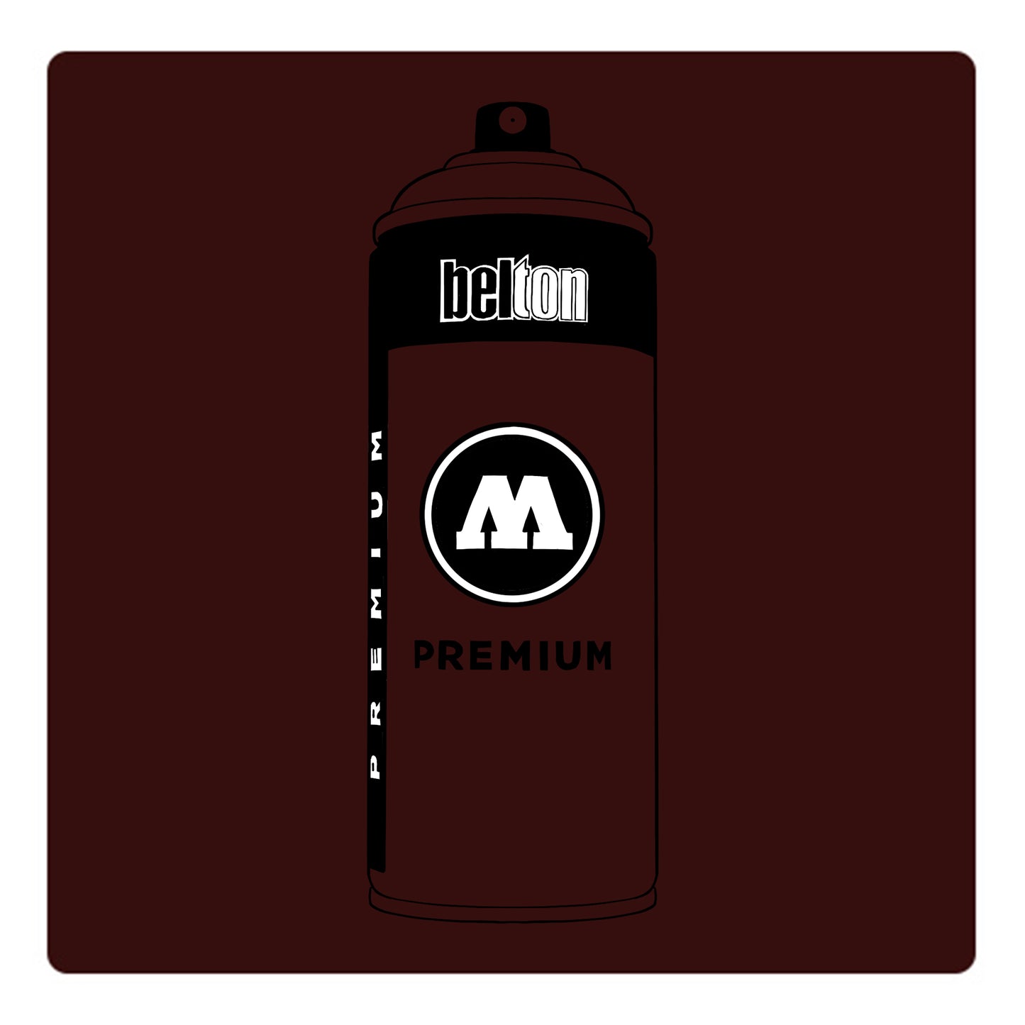 A black outline drawing of a dark red brown spray paint can with the words "belton","premium" and the letter"M" written on the face in black and white font. The background is a color swatch of the same dark red brown with a white border.
