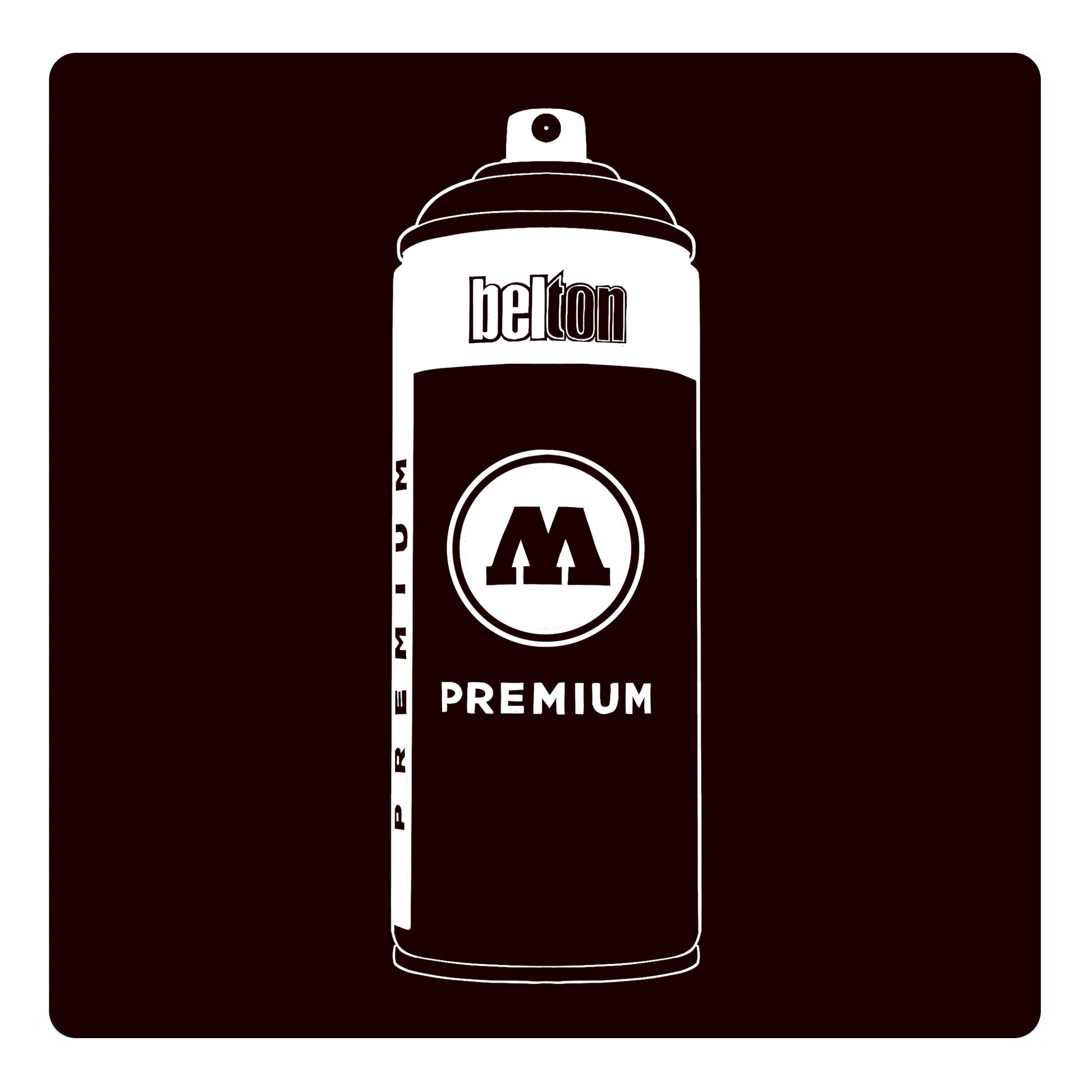 A black outline drawing of a mahogany red spray paint can with the words "belton","premium" and the letter"M" written on the face in black and white font. The background is a color swatch of the same mahogany red  with a white border.