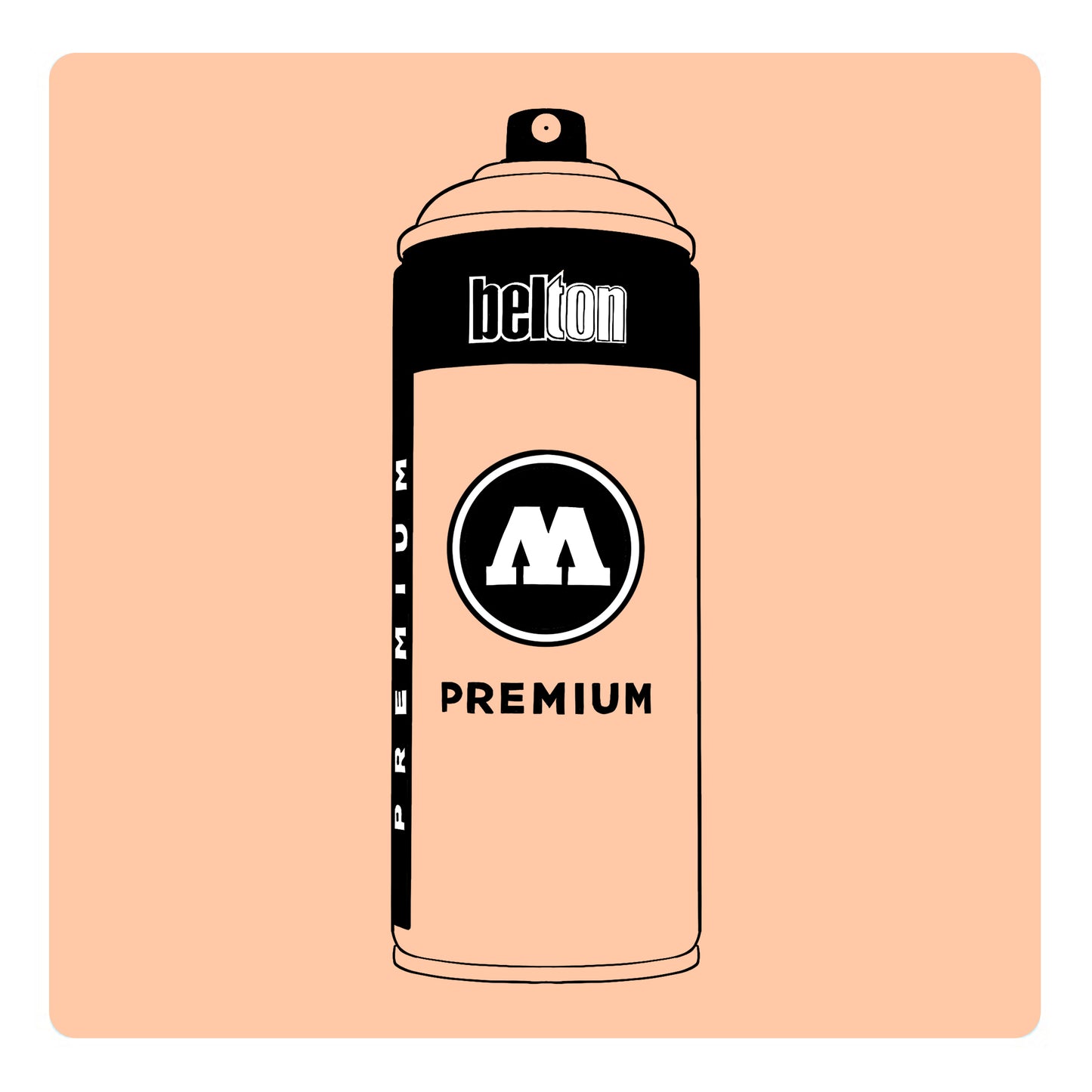 A black outline drawing of a beige spray paint can with the words "belton","premium" and the letter"M" written on the face in black and white font. The background is a color swatch of the same beige with a white border.