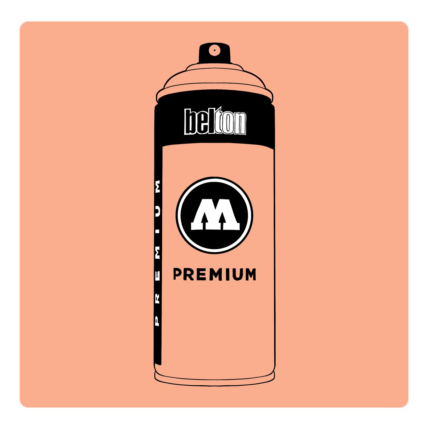A black outline drawing of a light peach spray paint can with the words "belton","premium" and the letter"M" written on the face in black and white font. The background is a color swatch of the same Light Peach with a white border.
