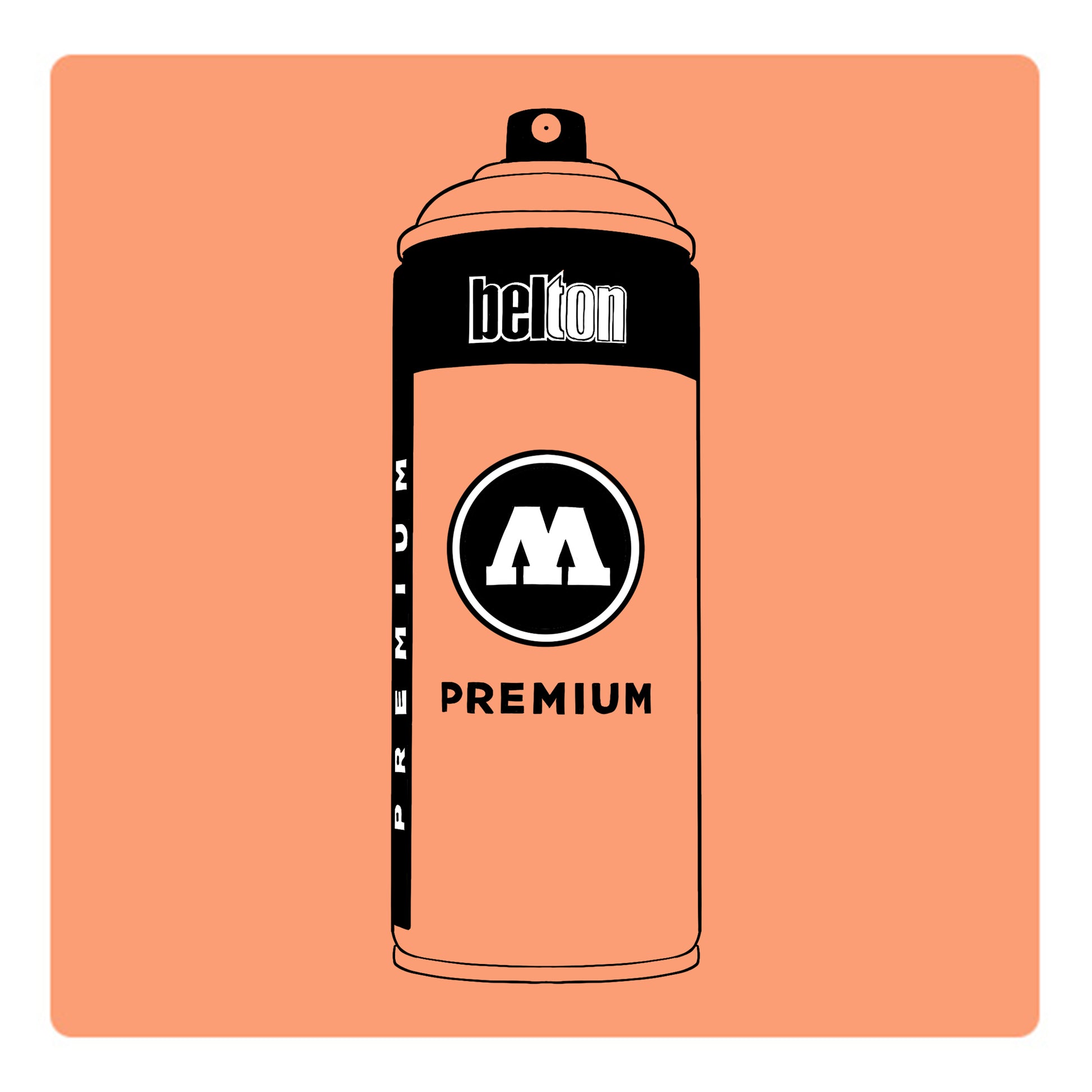 A black outline drawing of a peach spray paint can with the words "belton","premium" and the letter"M" written on the face in black and white font. The background is a color swatch of the same peach with a white border.