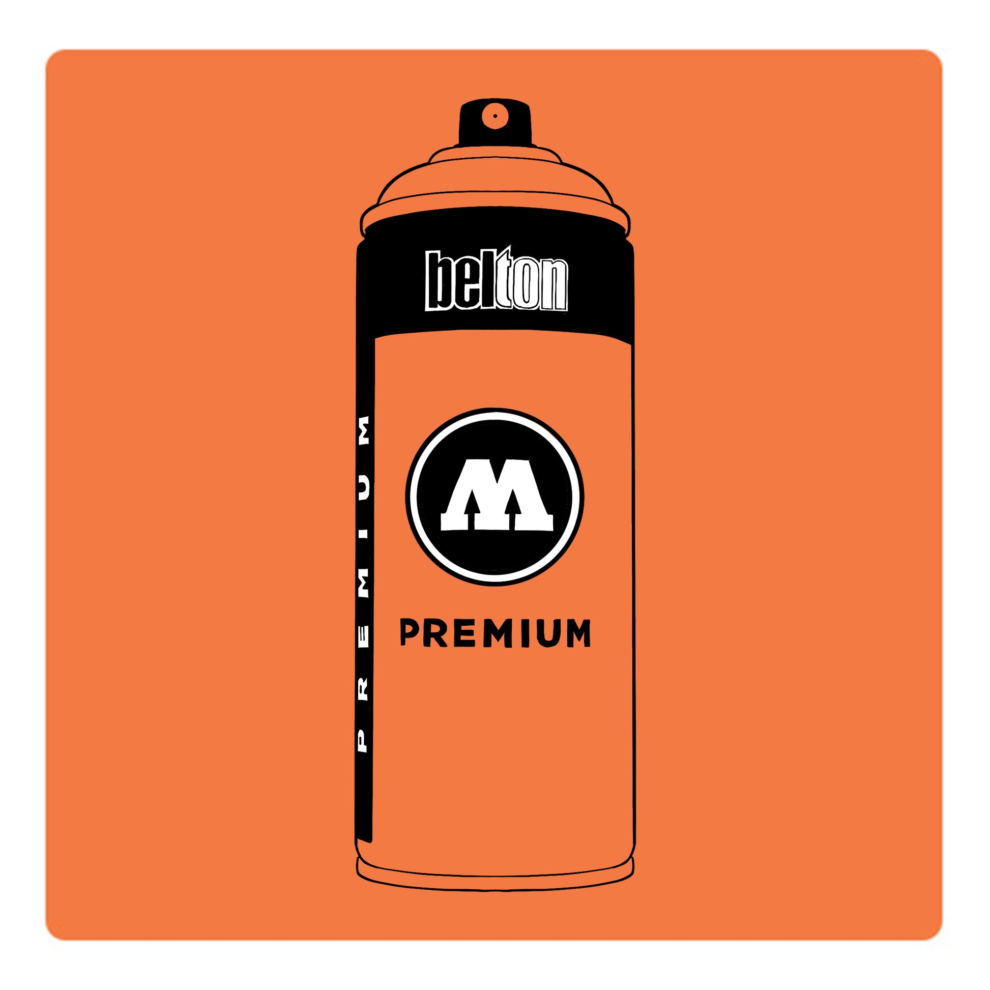 A black outline drawing of a orange spray paint can with the words "belton","premium" and the letter"M" written on the face in black and white font. The background is a color swatch of the same orange with a white border.