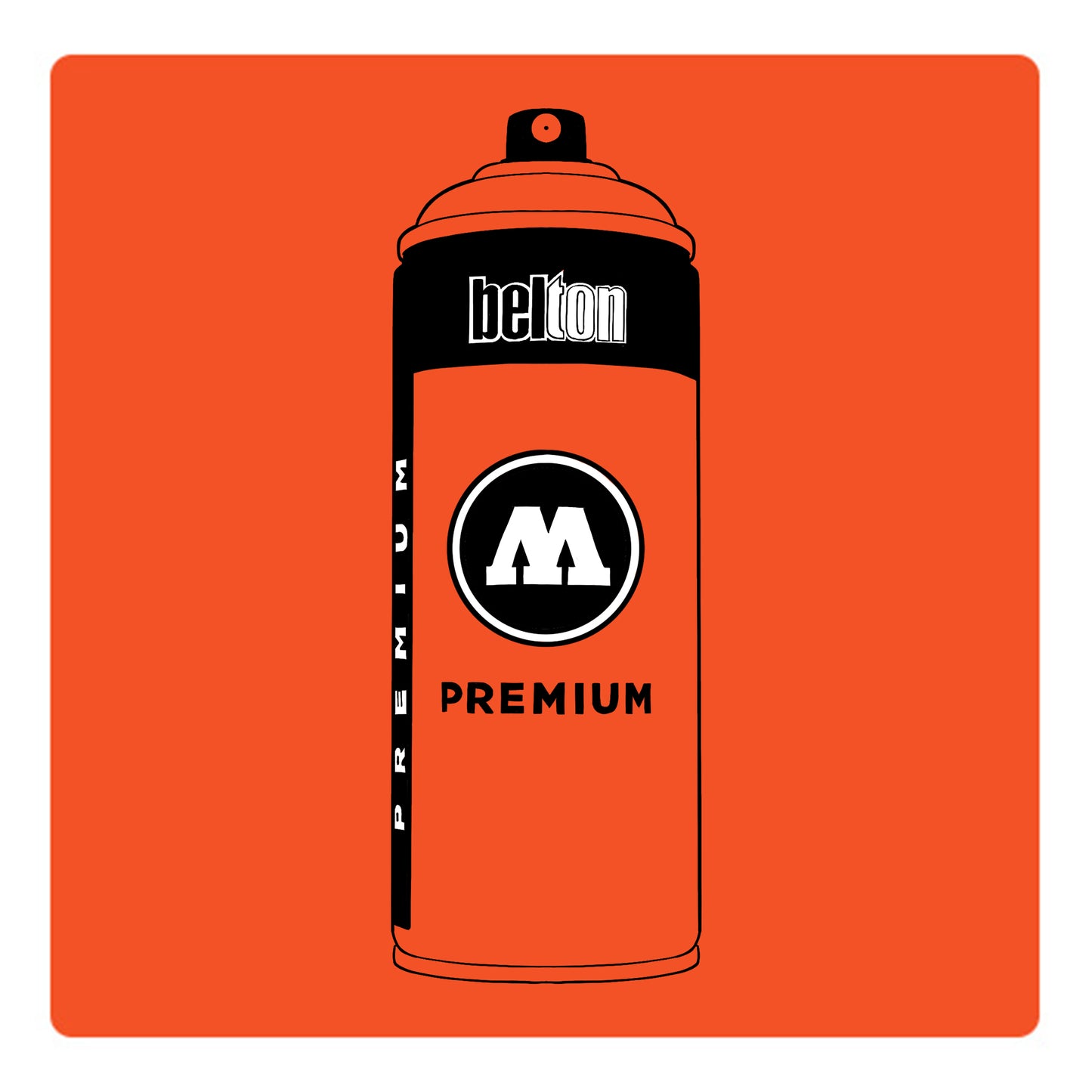 A black outline drawing of a bright orange spray paint can with the words "belton","premium" and the letter"M" written on the face in black and white font. The background is a color swatch of the same bright orange with a white border.