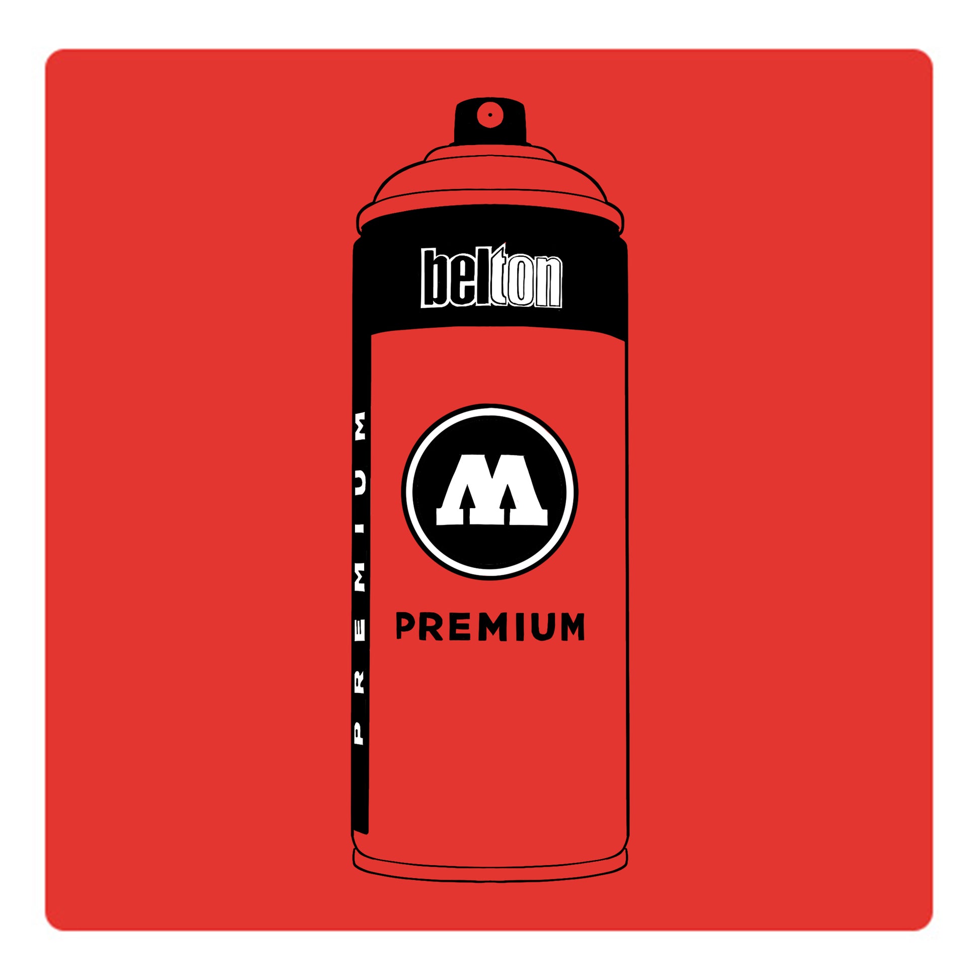 A black outline drawing of a neon orange spray paint can with the words "belton","premium" and the letter"M" written on the face in black and white font. The background is a color swatch of the same neon orange with a white border.