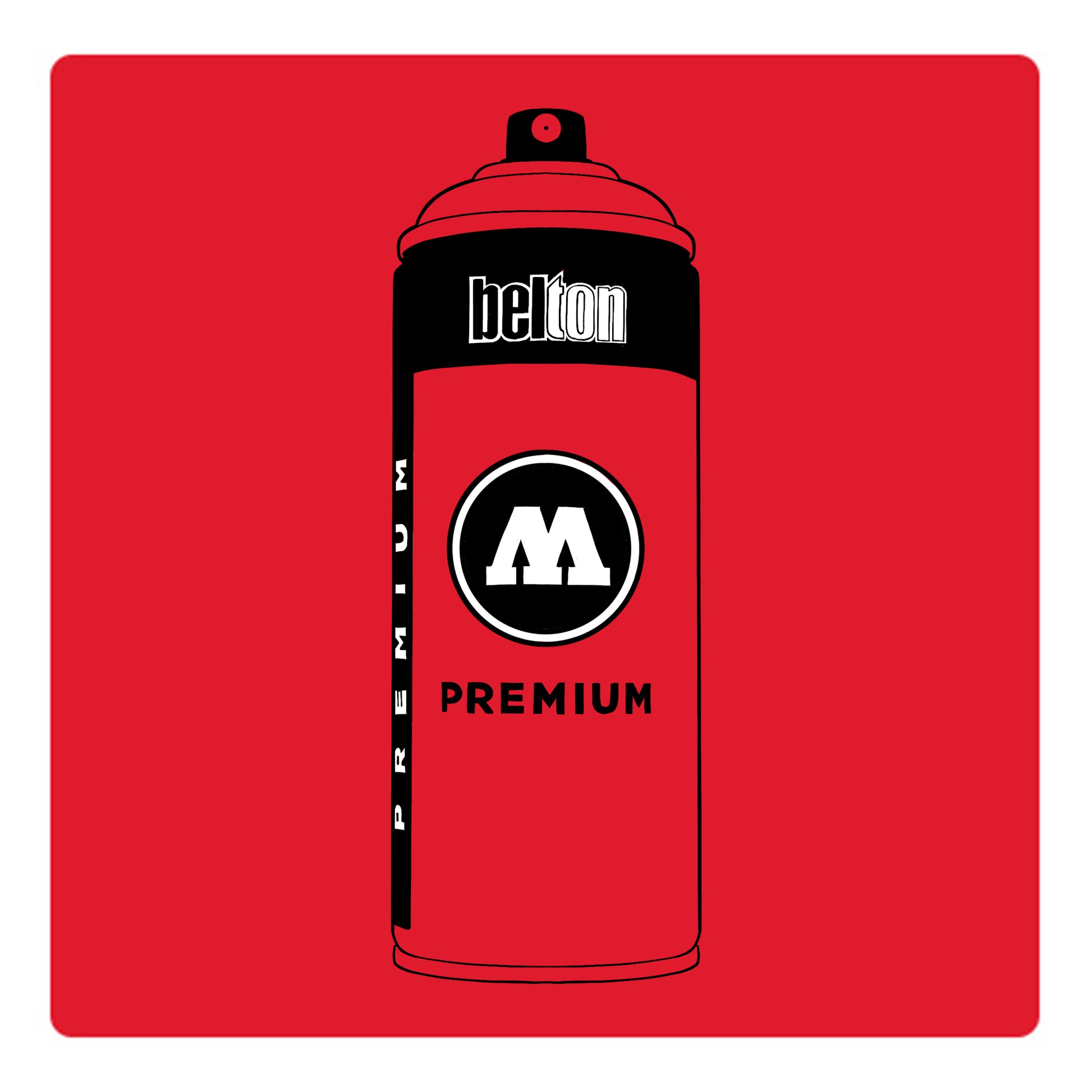A black outline drawing of a bright red spray paint can with the words "belton","premium" and the letter"M" written on the face in black and white font. The background is a color swatch of the same bright red with a white border.