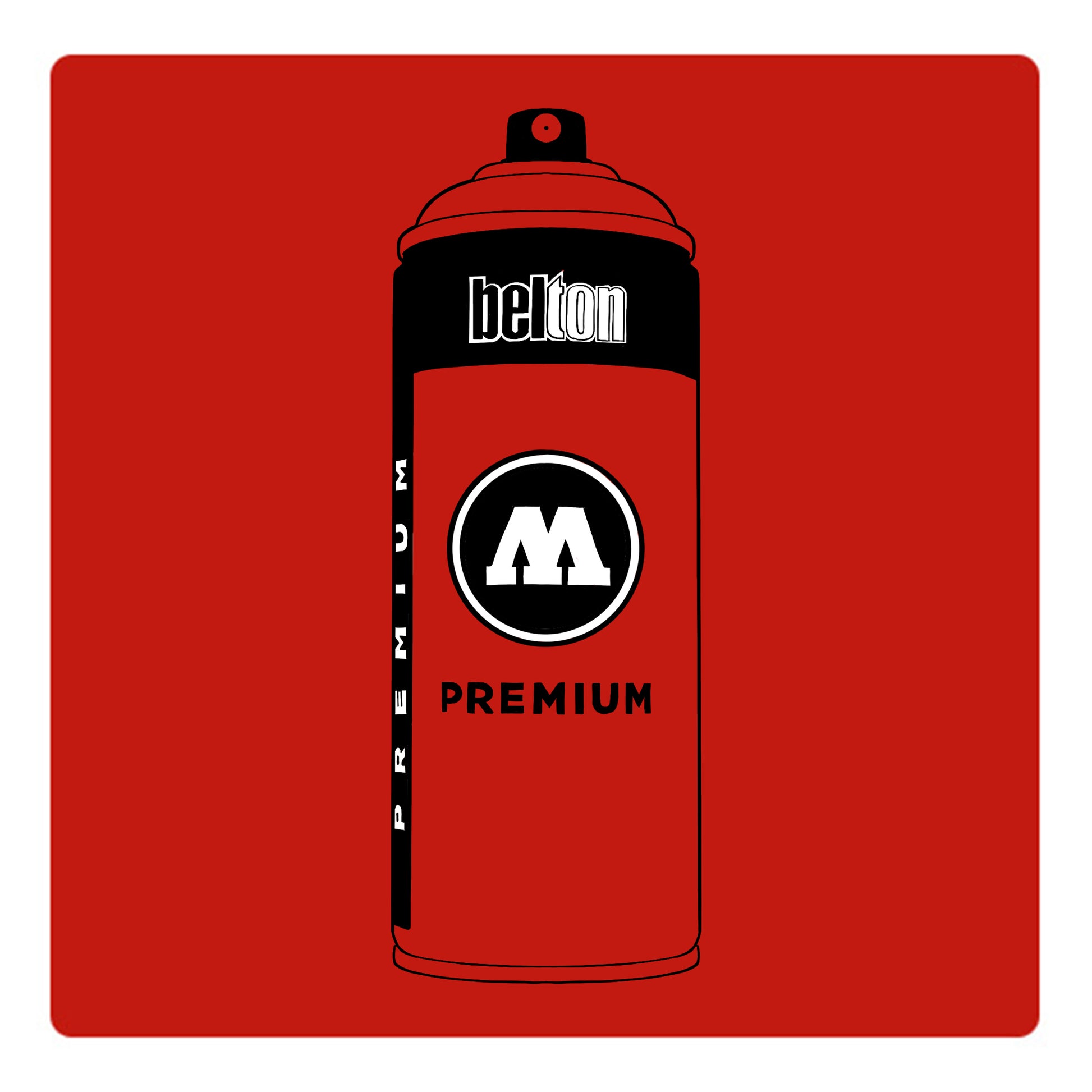 A black outline drawing of a red orange spray paint can with the words "belton","premium" and the letter"M" written on the face in black and white font. The background is a color swatch of the same red orange with a white border.