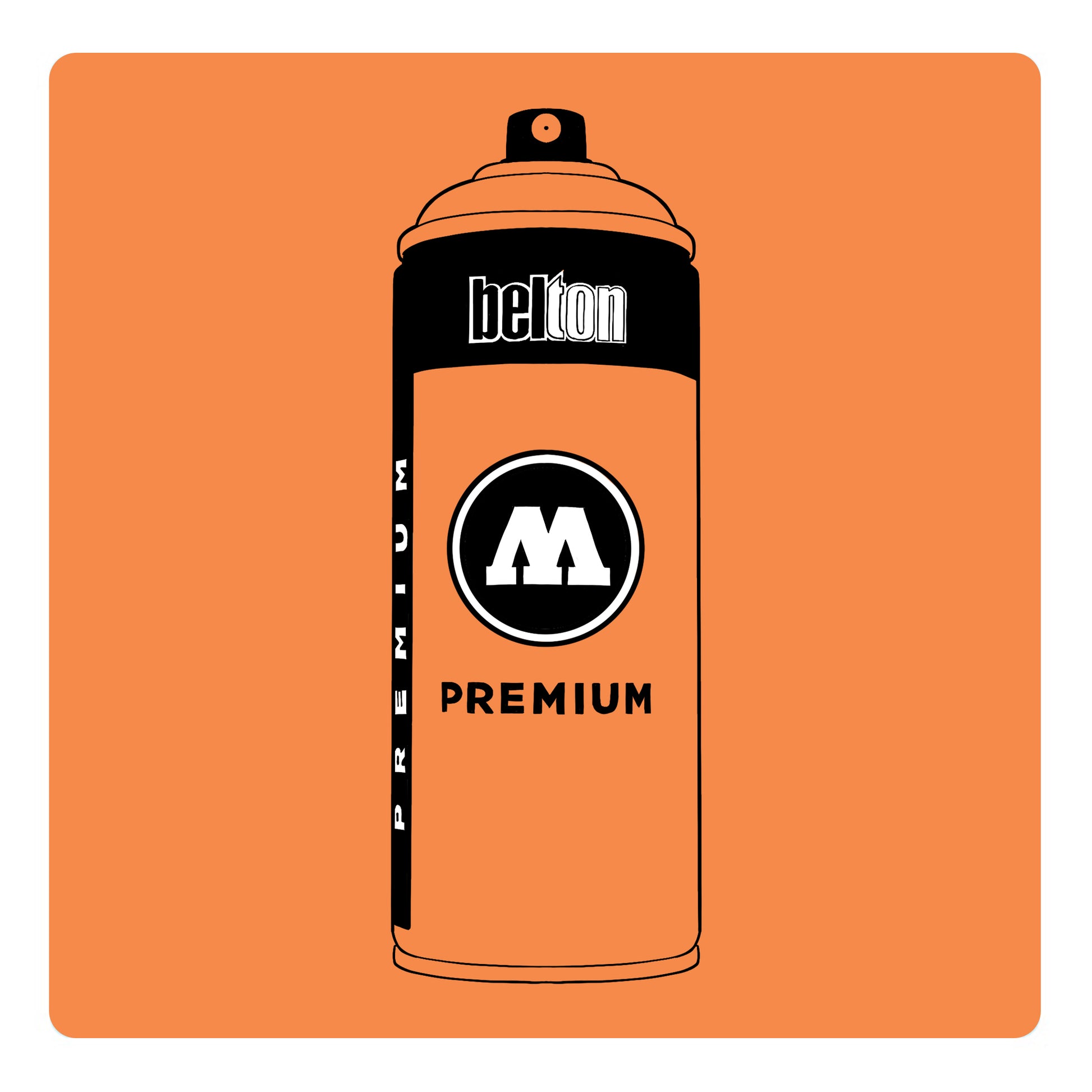 A black outline drawing of a orange cream spray paint can with the words "belton","premium" and the letter"M" written on the face in black and white font. The background is a color swatch of the same orange cream with a white border.