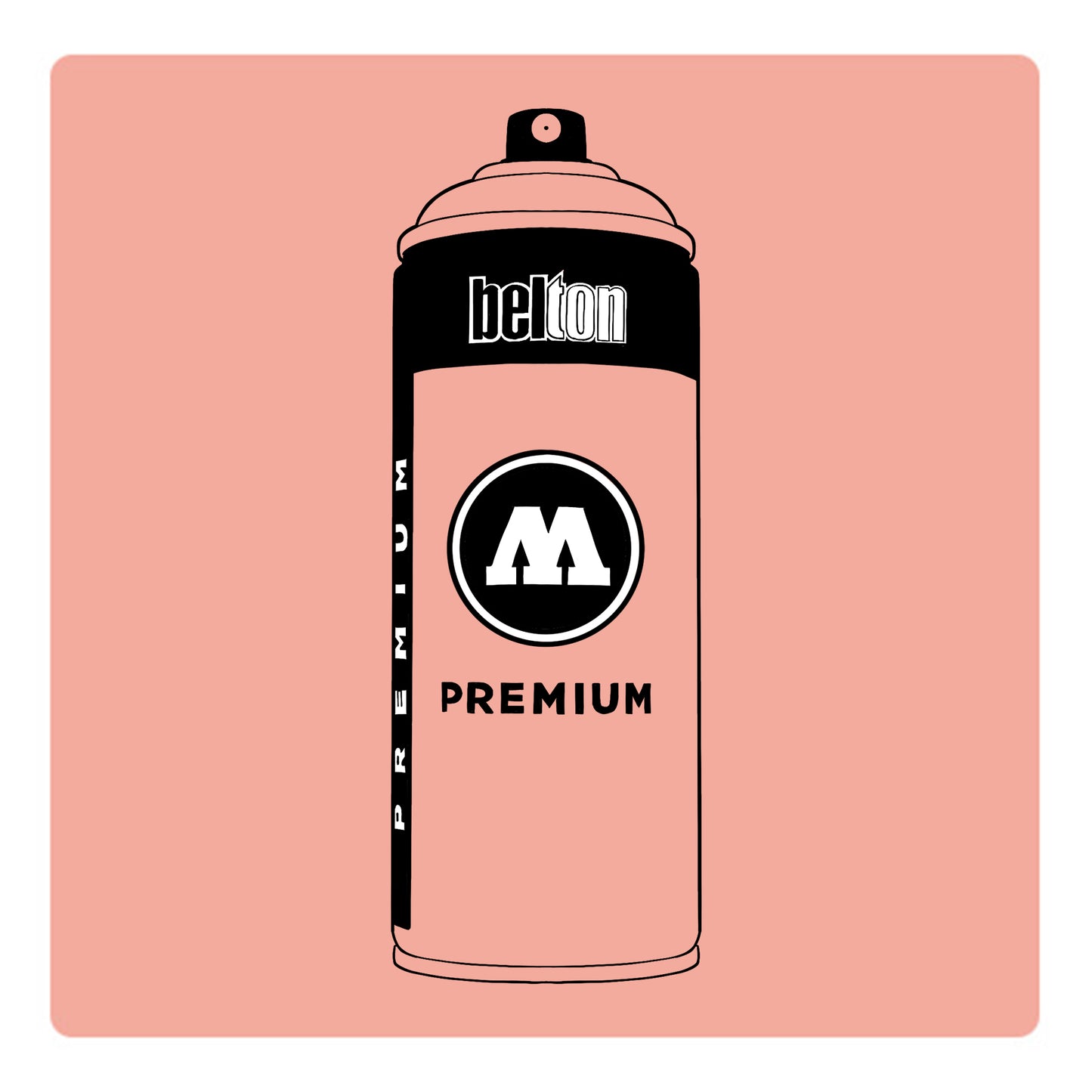 A black outline drawing of a pink beige spray paint can with the words "belton","premium" and the letter"M" written on the face in black and white font. The background is a color swatch of the same pink beige with a white border.