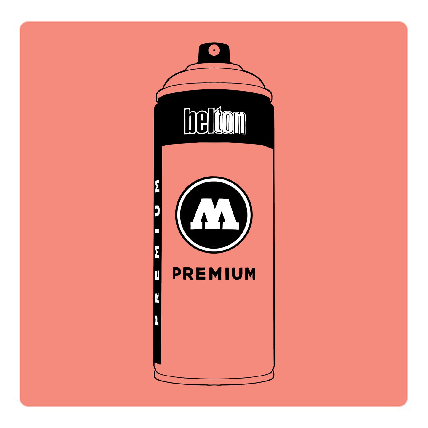 A black outline drawing of a pastel peach spray paint can with the words "belton","premium" and the letter"M" written on the face in black and white font. The background is a color swatch of the same pastel peach with a white border.