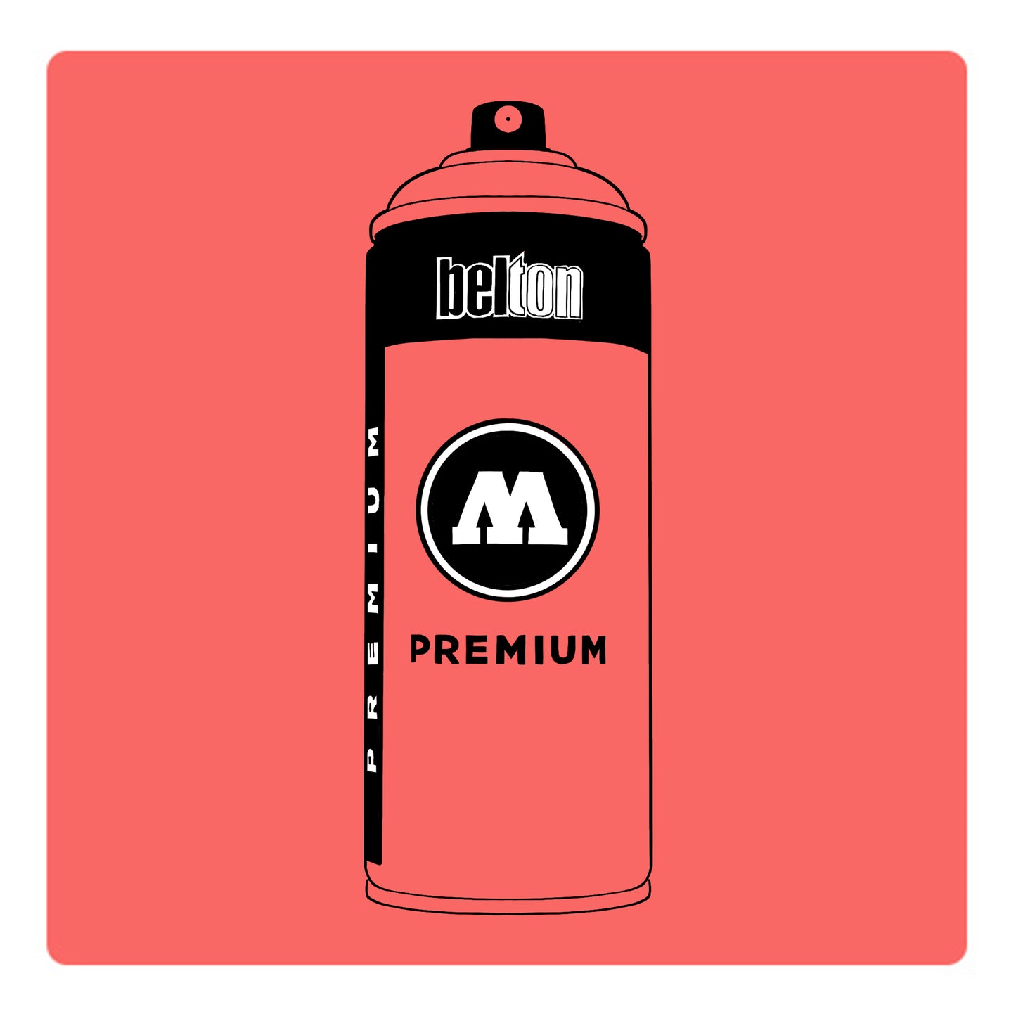 A black outline drawing of a salmon colored spray paint can with the words "belton","premium" and the letter"M" written on the face in black and white font. The background is a color swatch of the same salmon color with a white border.