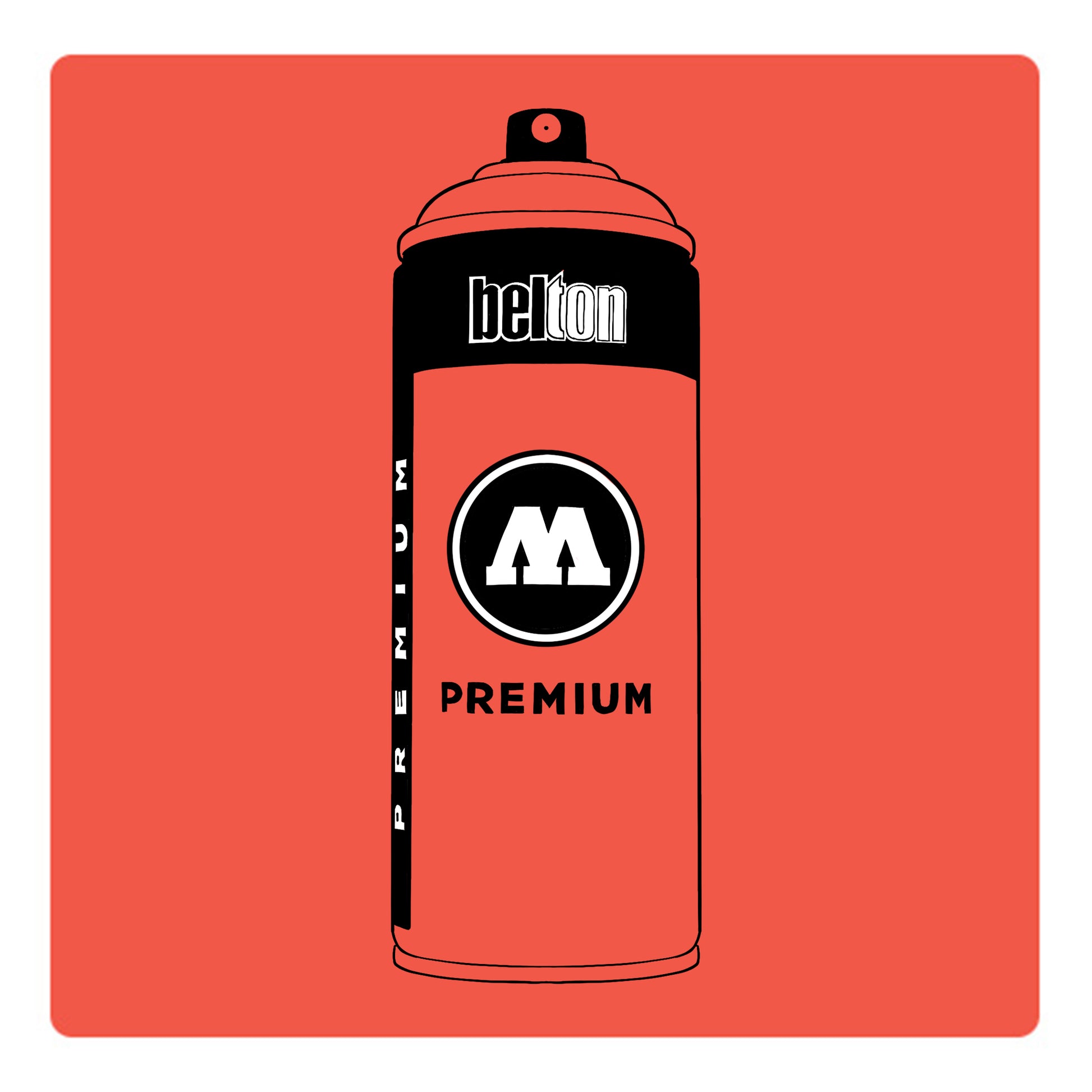 A black outline drawing of a pastel red spray paint can with the words "belton","premium" and the letter"M" written on the face in black and white font. The background is a color swatch of the same pastel red with a white border.