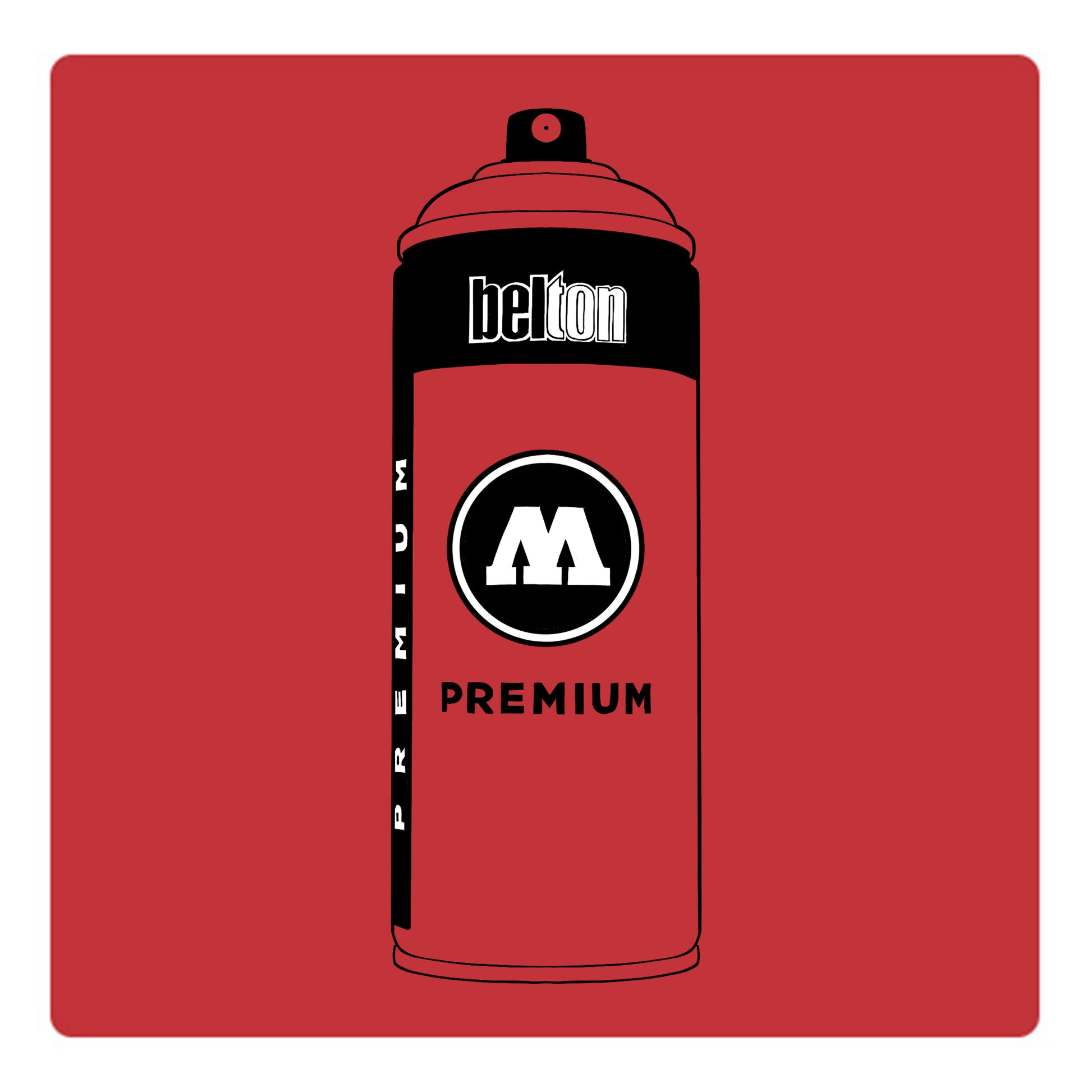 A black outline drawing of a red spray paint can with the words "belton","premium" and the letter"M" written on the face in black and white font. The background is a color swatch of the same red with a white border.