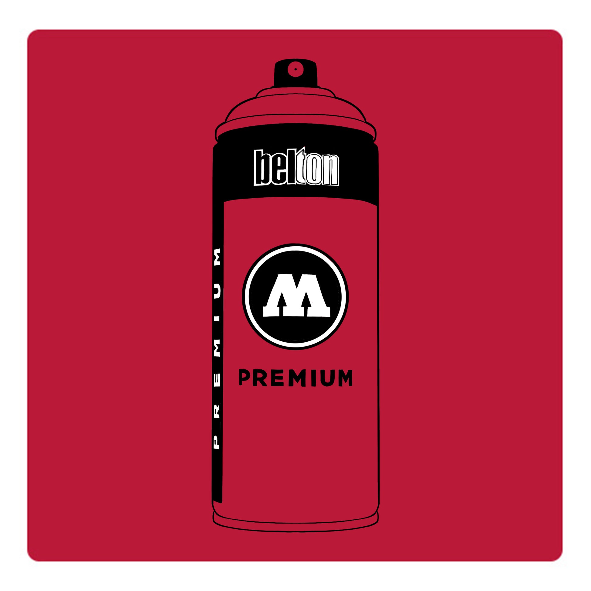 A black outline drawing of a rouge red spray paint can with the words "belton","premium" and the letter"M" written on the face in black and white font. The background is a color swatch of the same rouge red with a white border.