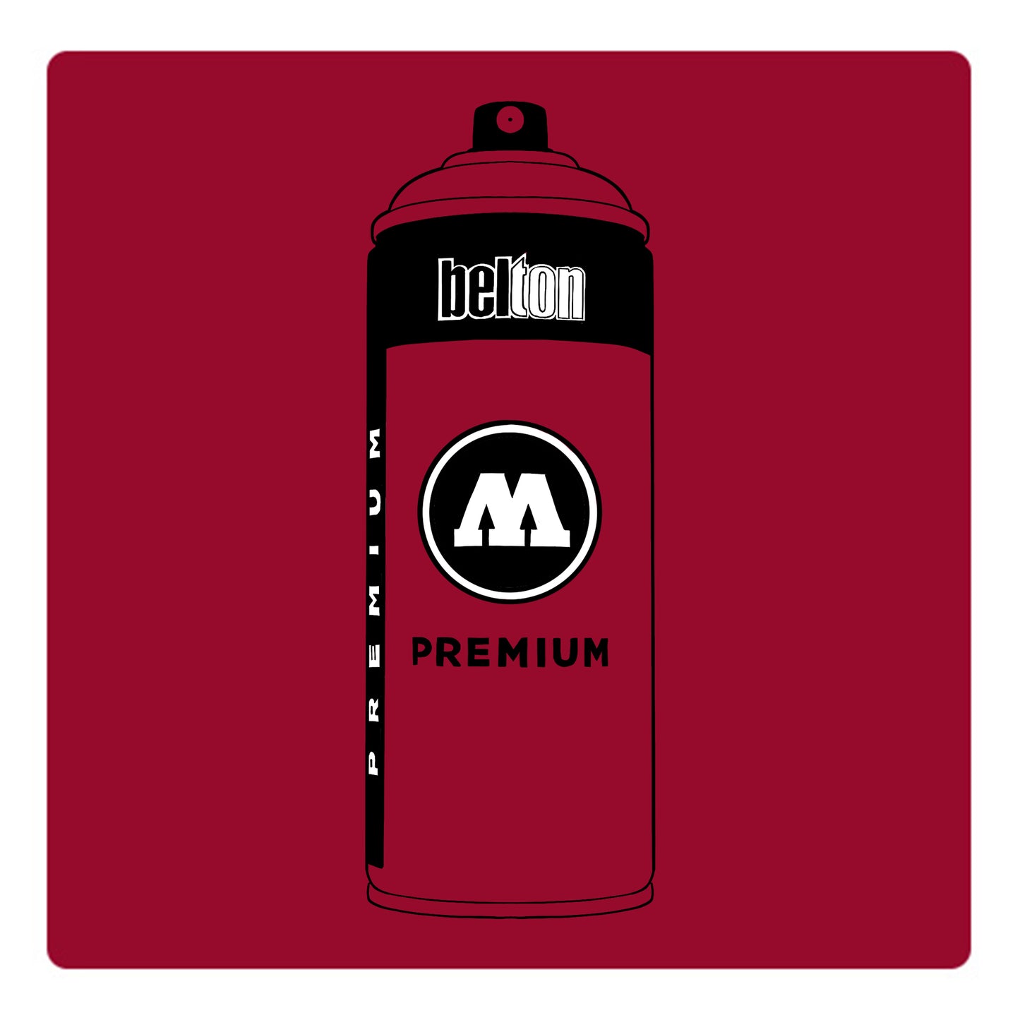 A black outline drawing of a berry red spray paint can with the words "belton","premium" and the letter"M" written on the face in black and white font. The background is a color swatch of the same berry red with a white border.