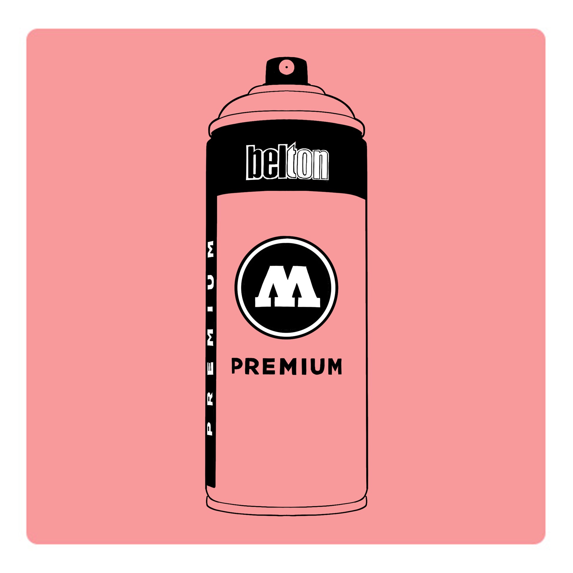 A black outline drawing of a blush pink spray paint can with the words "belton","premium" and the letter"M" written on the face in black and white font. The background is a color swatch of the same blush pink with a white border.
