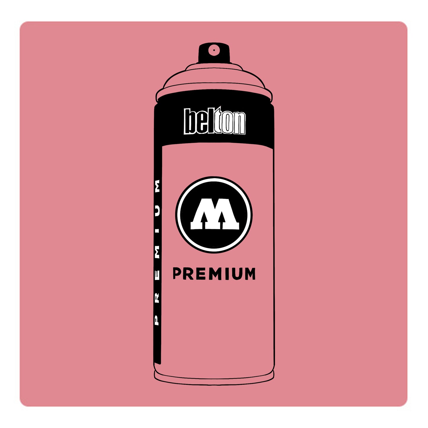 A black outline drawing of a pastel pink spray paint can with the words "belton","premium" and the letter"M" written on the face in black and white font. The background is a color swatch of the same pastel pink with a white border.
