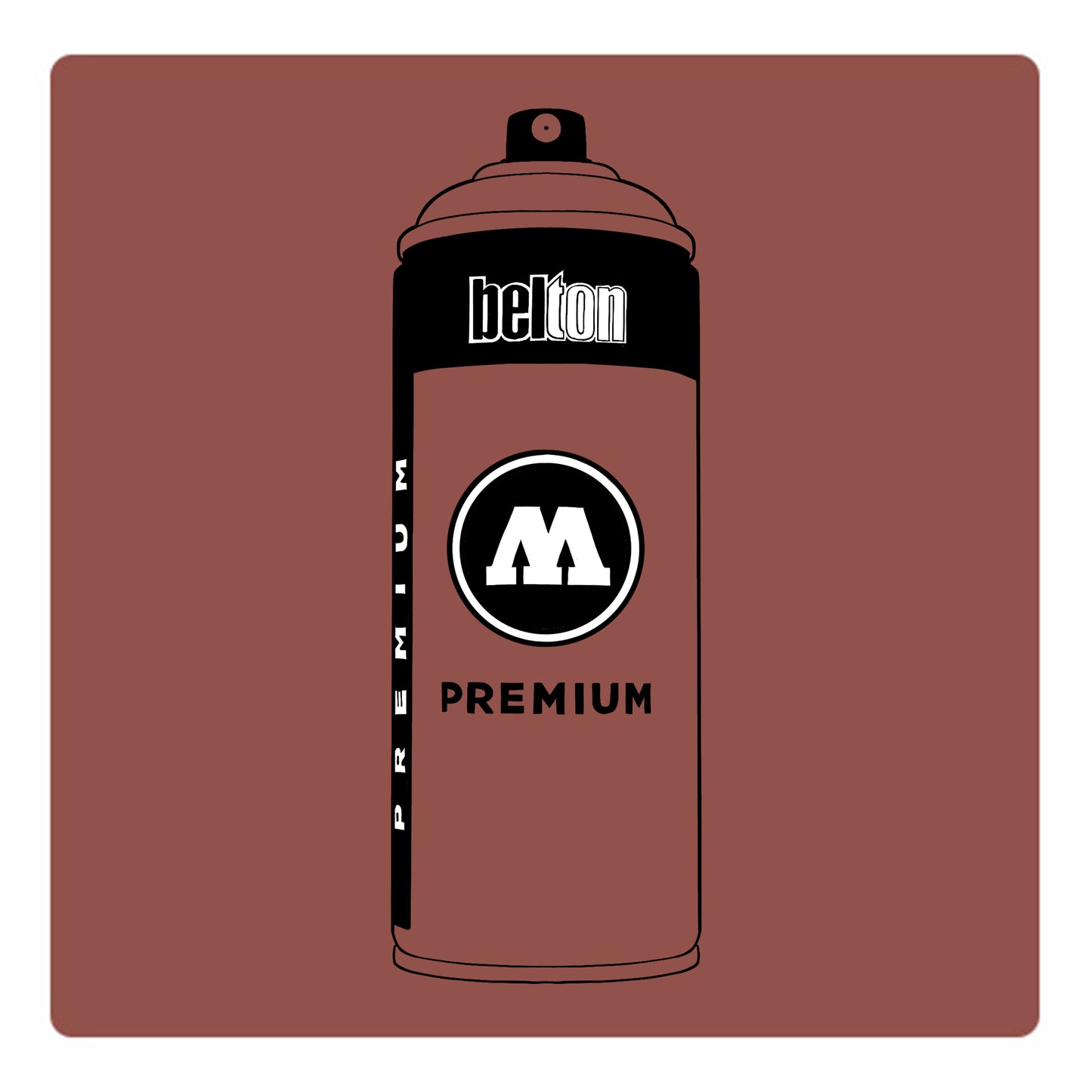A black outline drawing of a rosy brown spray paint can with the words "belton","premium" and the letter"M" written on the face in black and white font. The background is a color swatch of the same rosy brown with a white border.