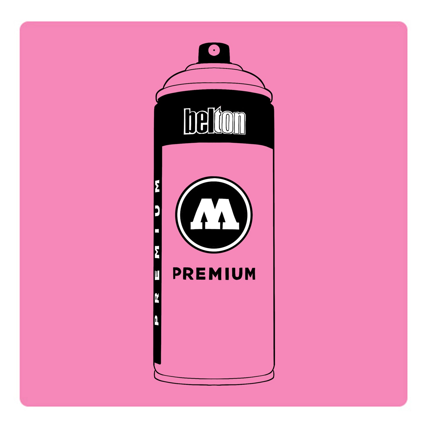 A black outline drawing of a pink spray paint can with the words "belton","premium" and the letter"M" written on the face in black and white font. The background is a color swatch of the same pink with a white border.