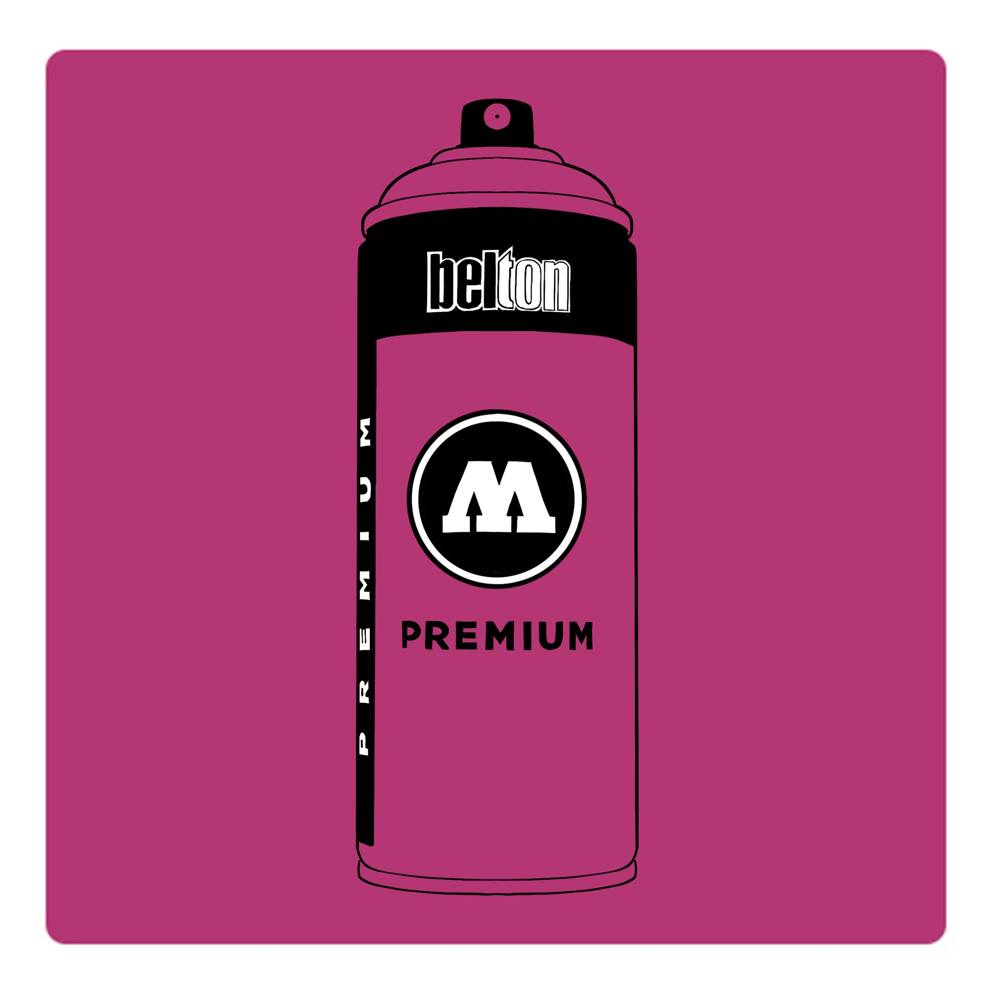 A black outline drawing of a magenta spray paint can with the words "belton","premium" and the letter"M" written on the face in black and white font. The background is a color swatch of the same magenta with a white border.