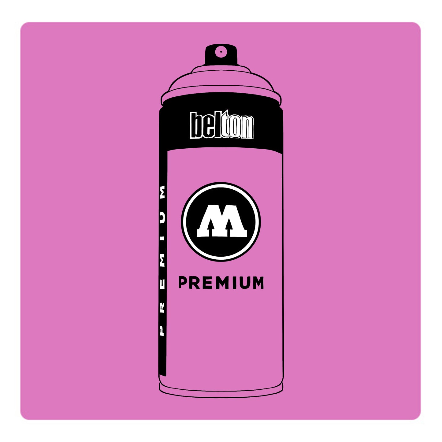 A black outline drawing of a pink spray paint can with the words "belton","premium" and the letter"M" written on the face in black and white font. The background is a color swatch of the same pink with a white border.